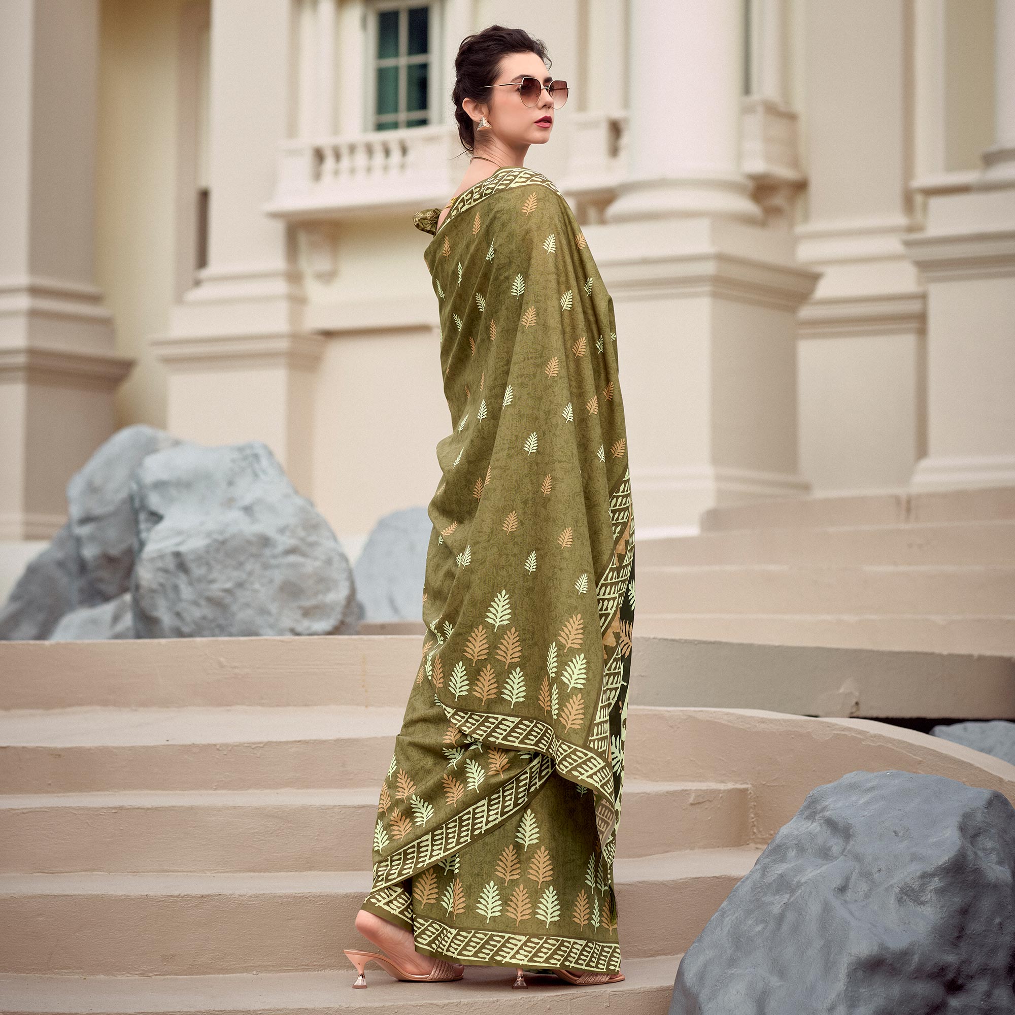 Mehendi Green Printed Mul Pure Silk Saree