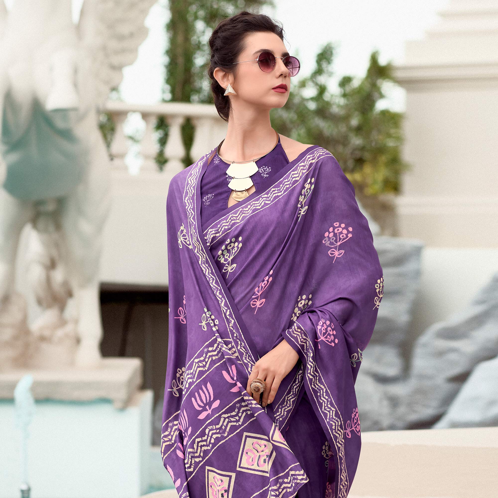 Purple Floral Printed Mul Pure Silk Saree