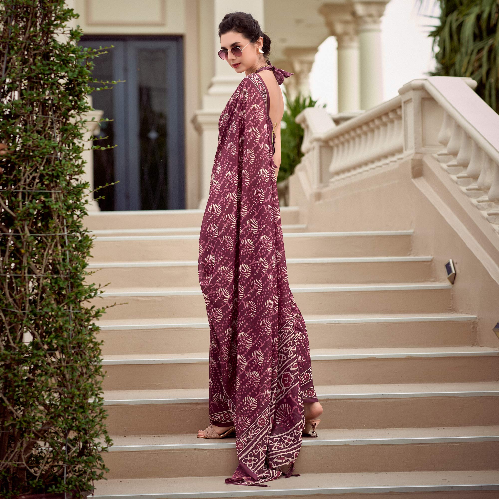 Wine Floral Printed Mul Pure Silk Saree