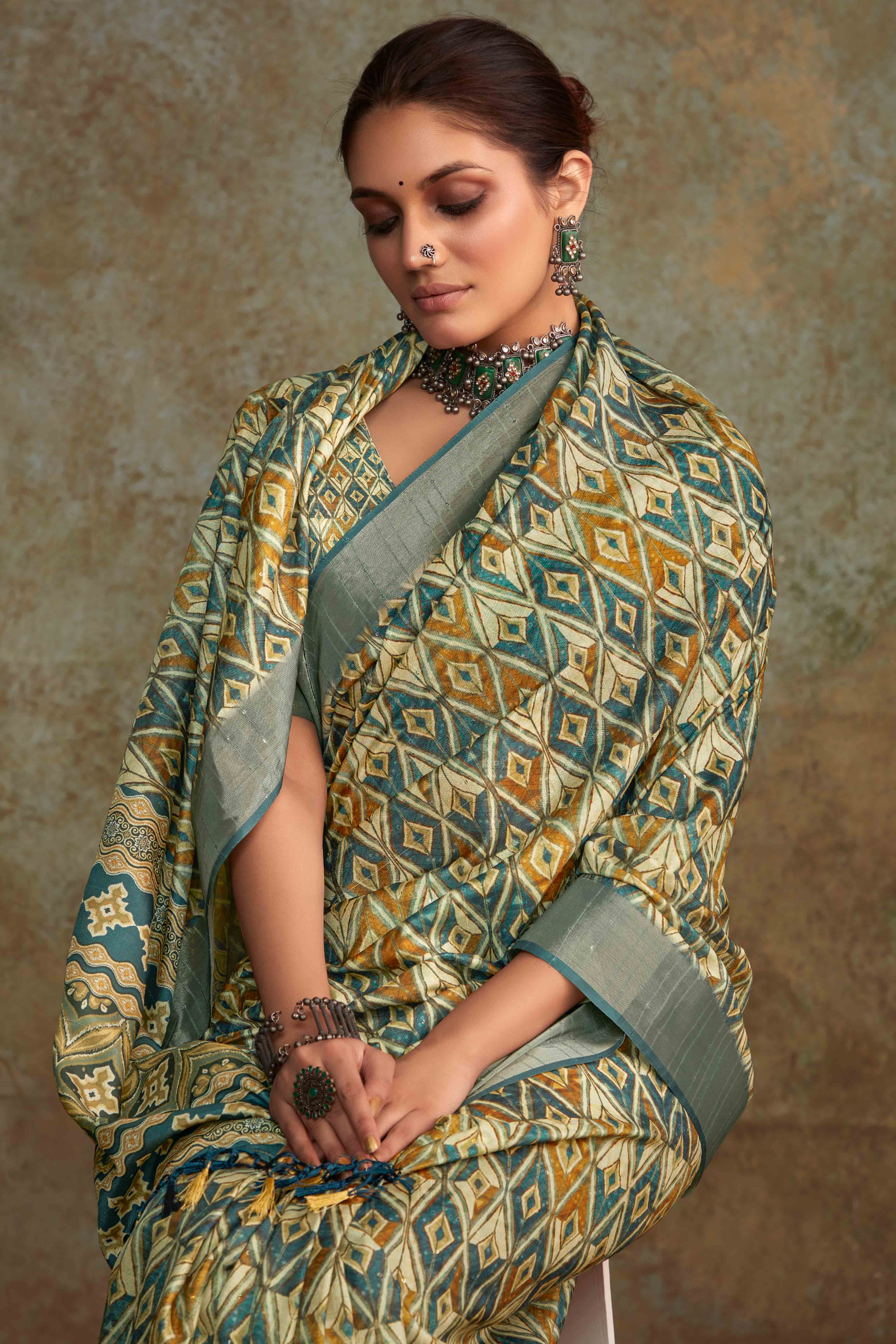 Green Geometric Printed Cotton Silk Saree