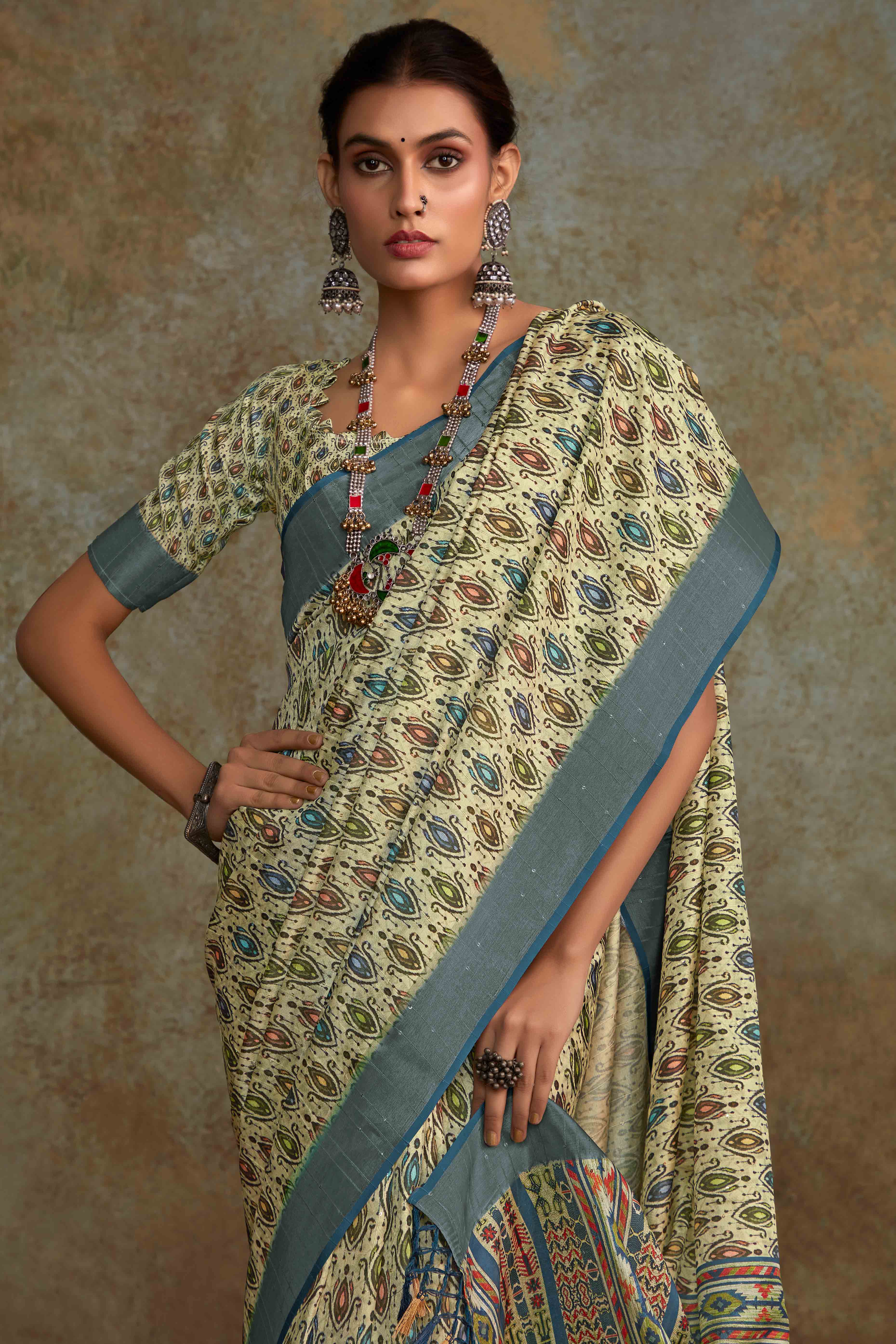 Green Floral Printed Cotton Silk Saree