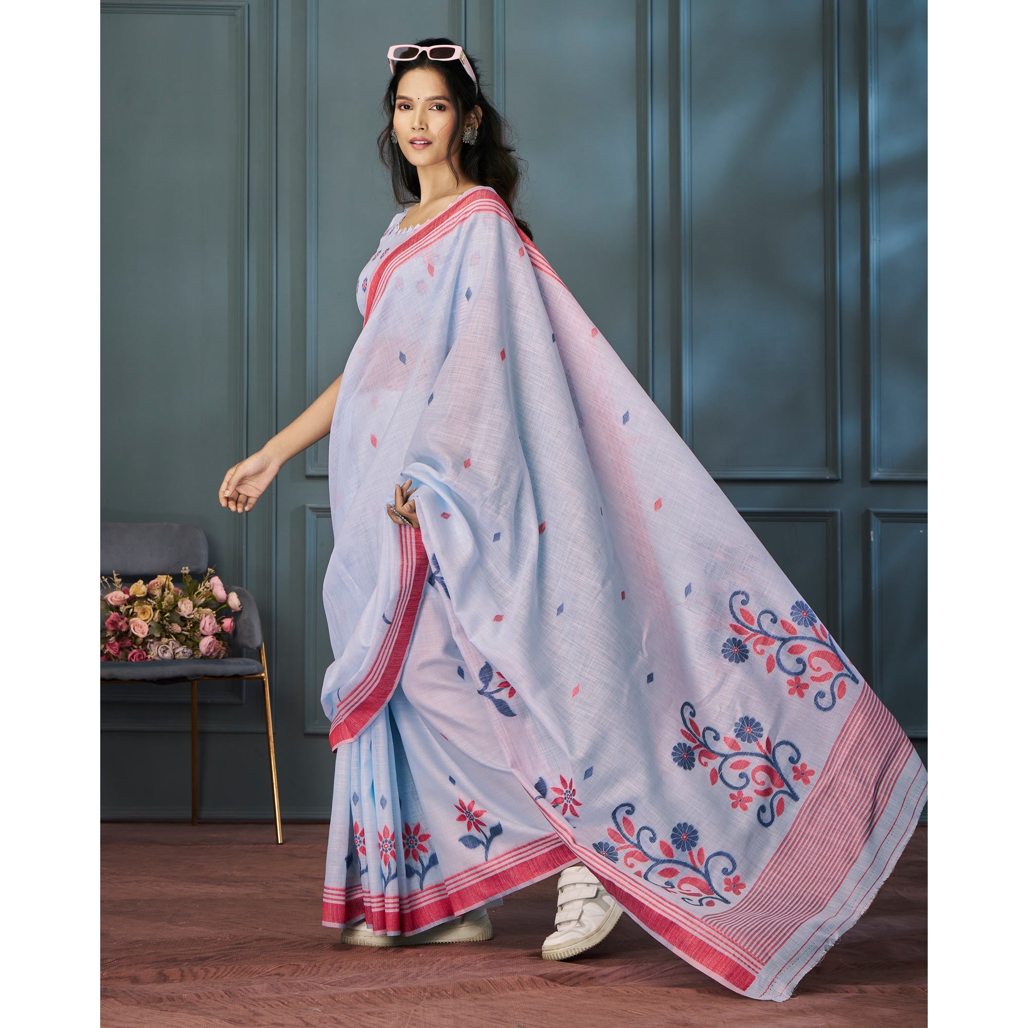 Blue Floral Woven linen Saree