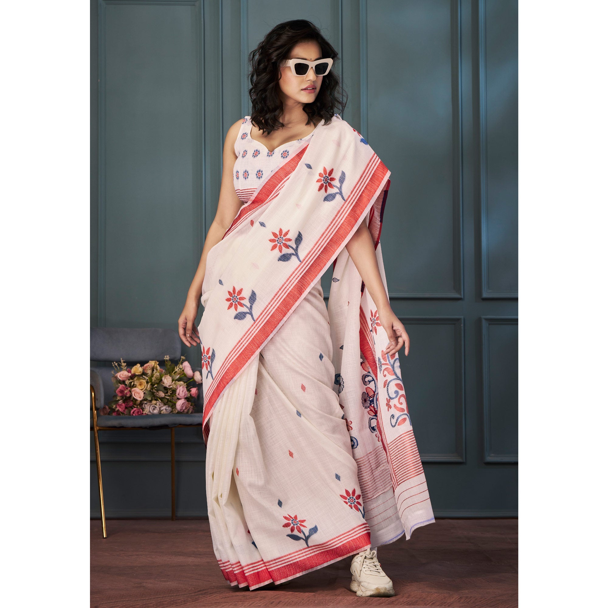 Off White Floral Woven linen Saree