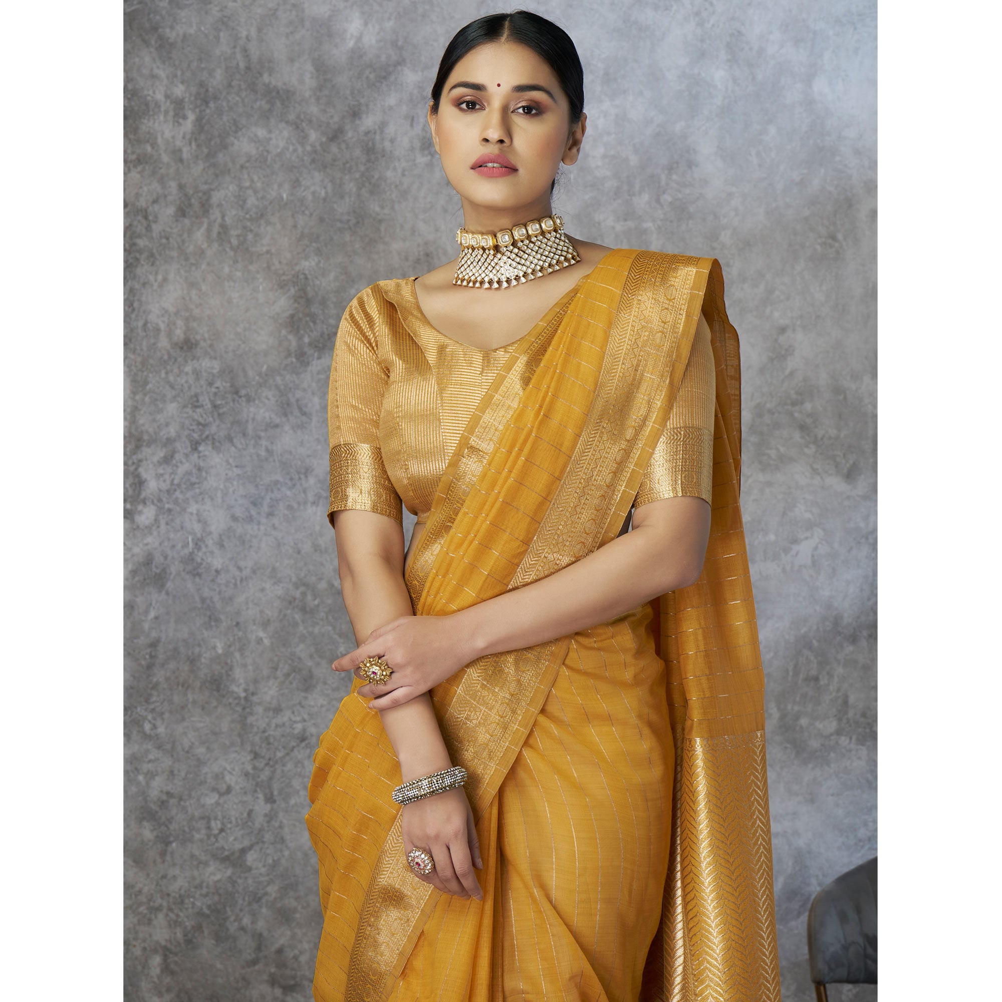 Mustard Woven Cotton Silk Saree With Tassels