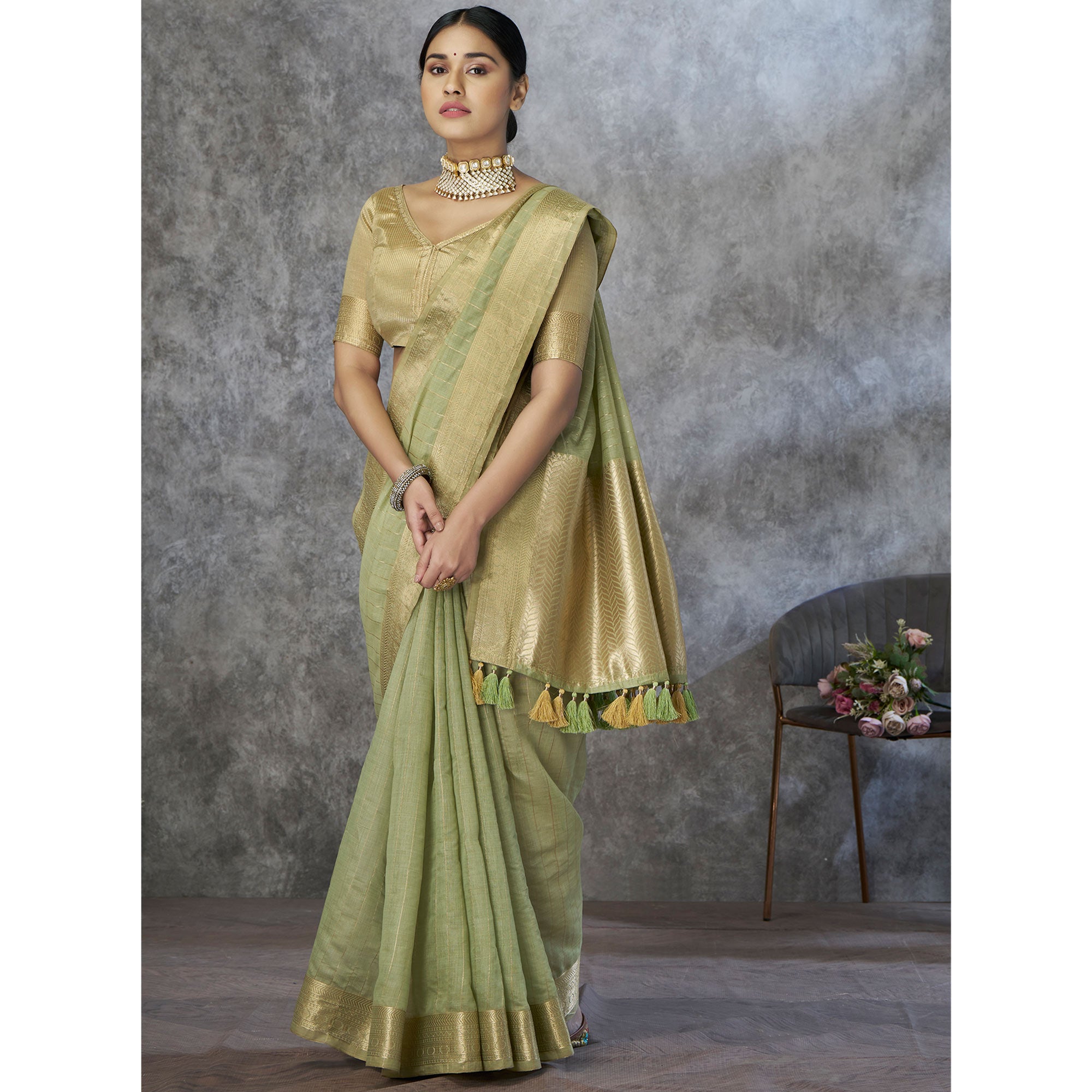 Green Woven Cotton Silk Saree With Tassels