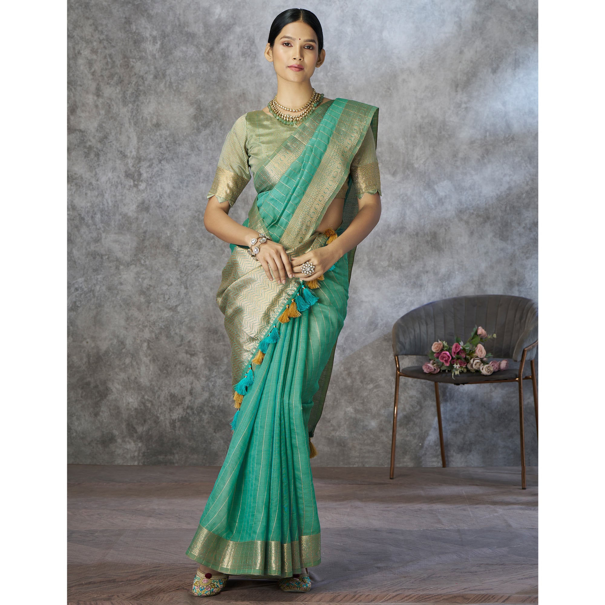Turquoise Woven Cotton Silk Saree With Tassels