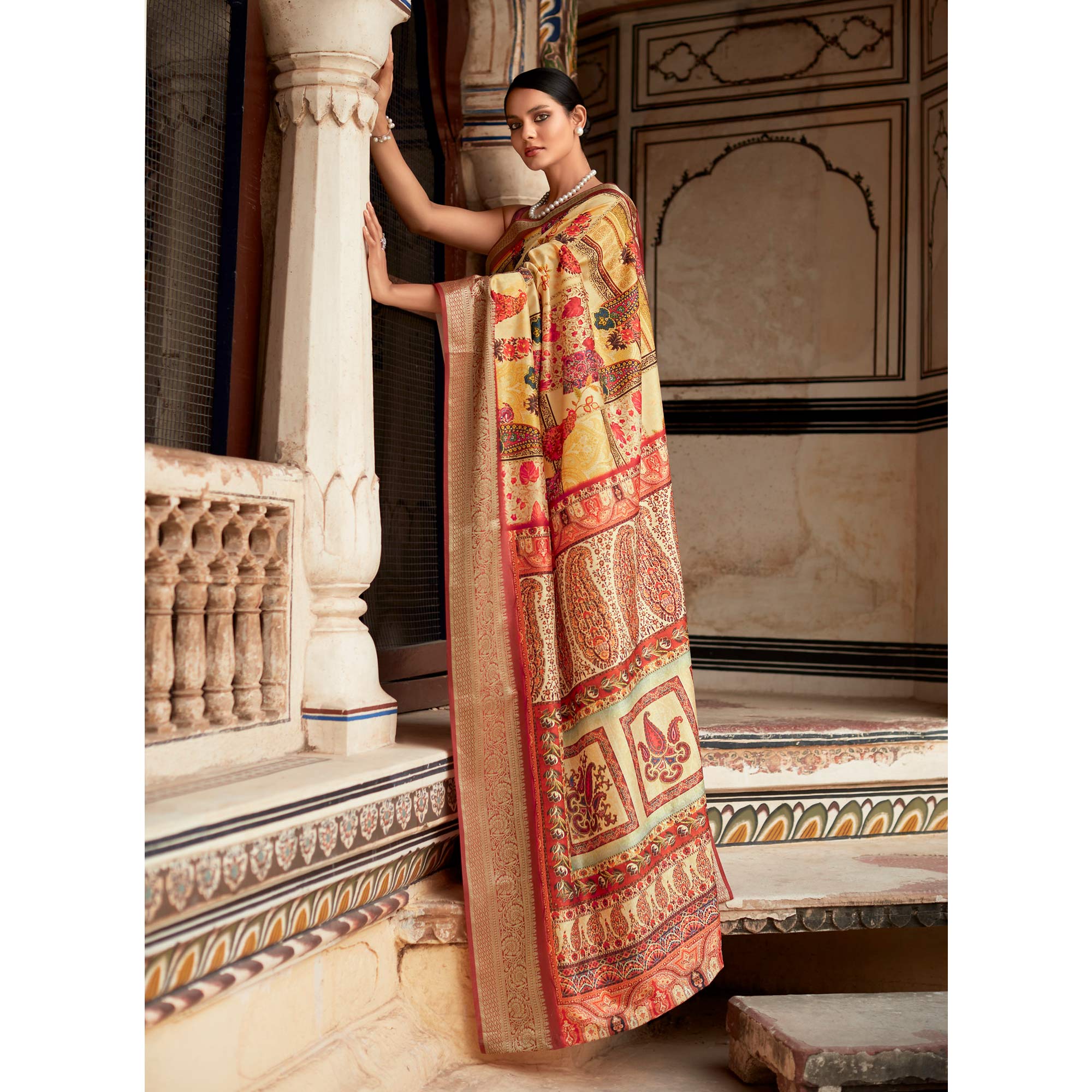 Yellow & Red Printed Dola Silk Saree