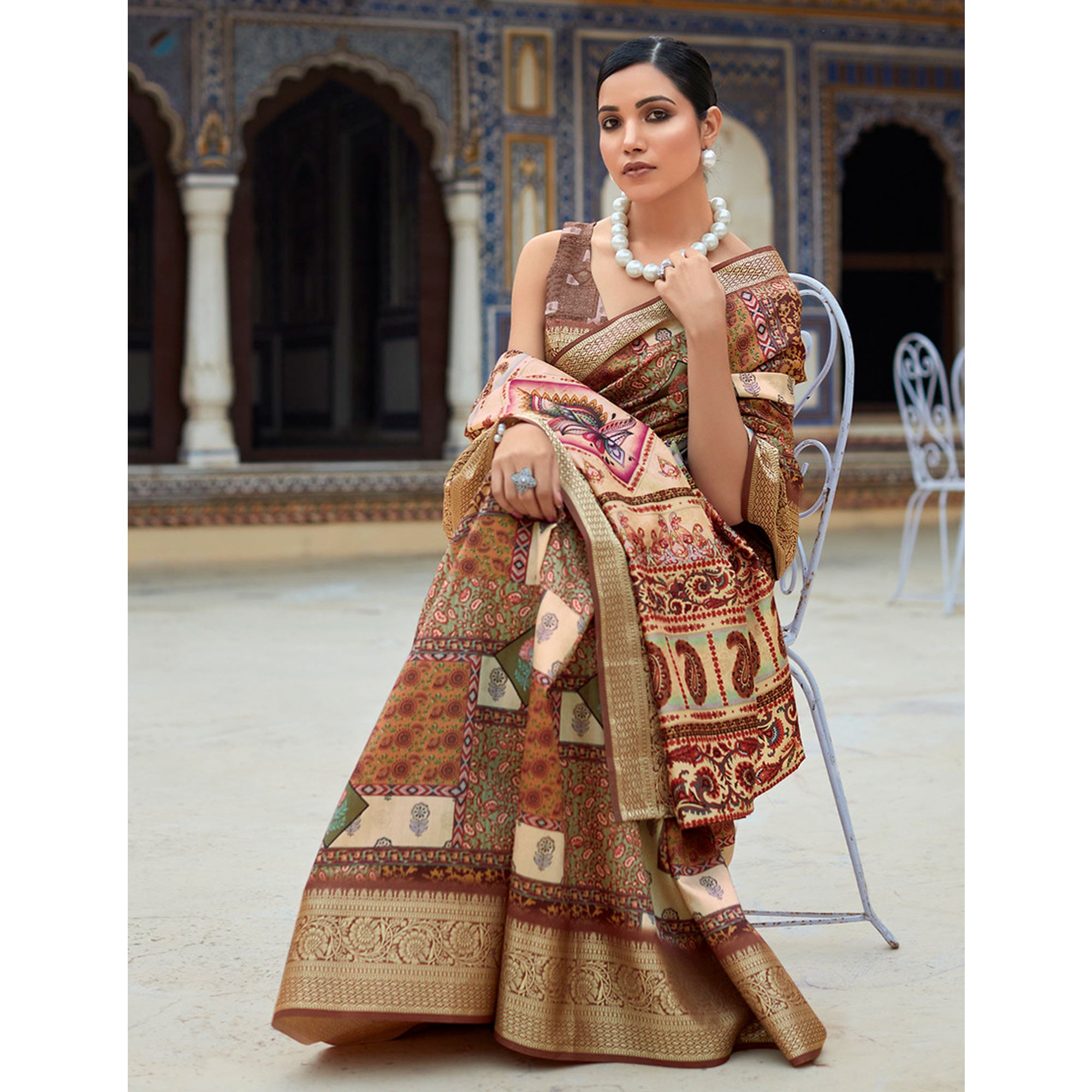 Brown Printed Dola Silk Saree