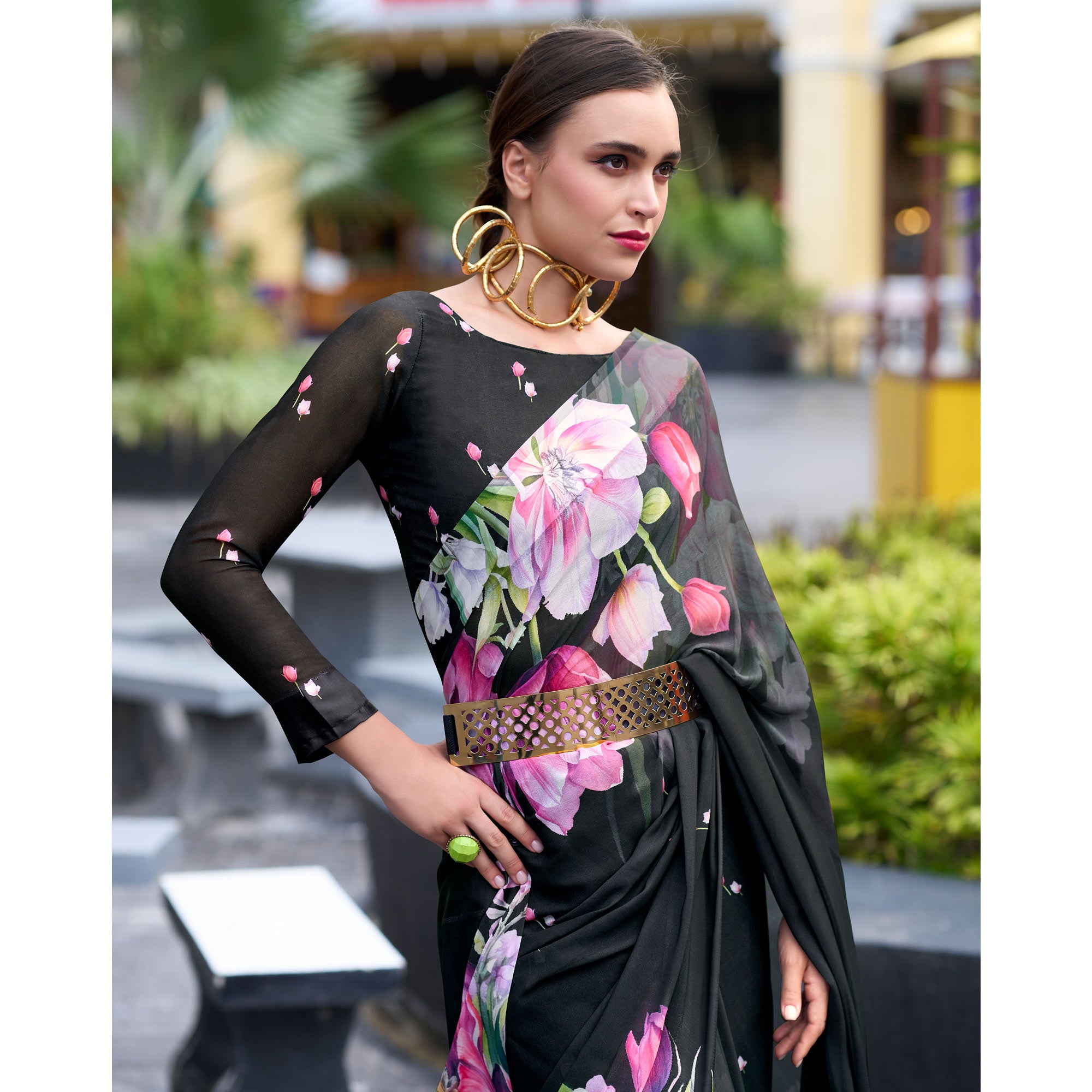 Black Floral Printed Georgette Saree