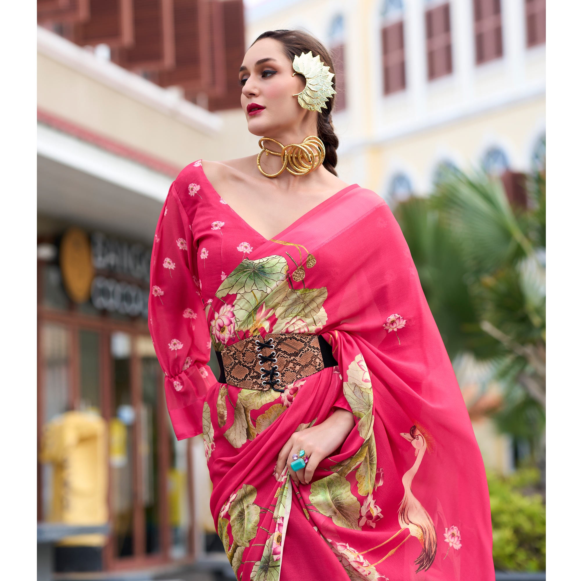 Pink Floral Printed Georgette Saree