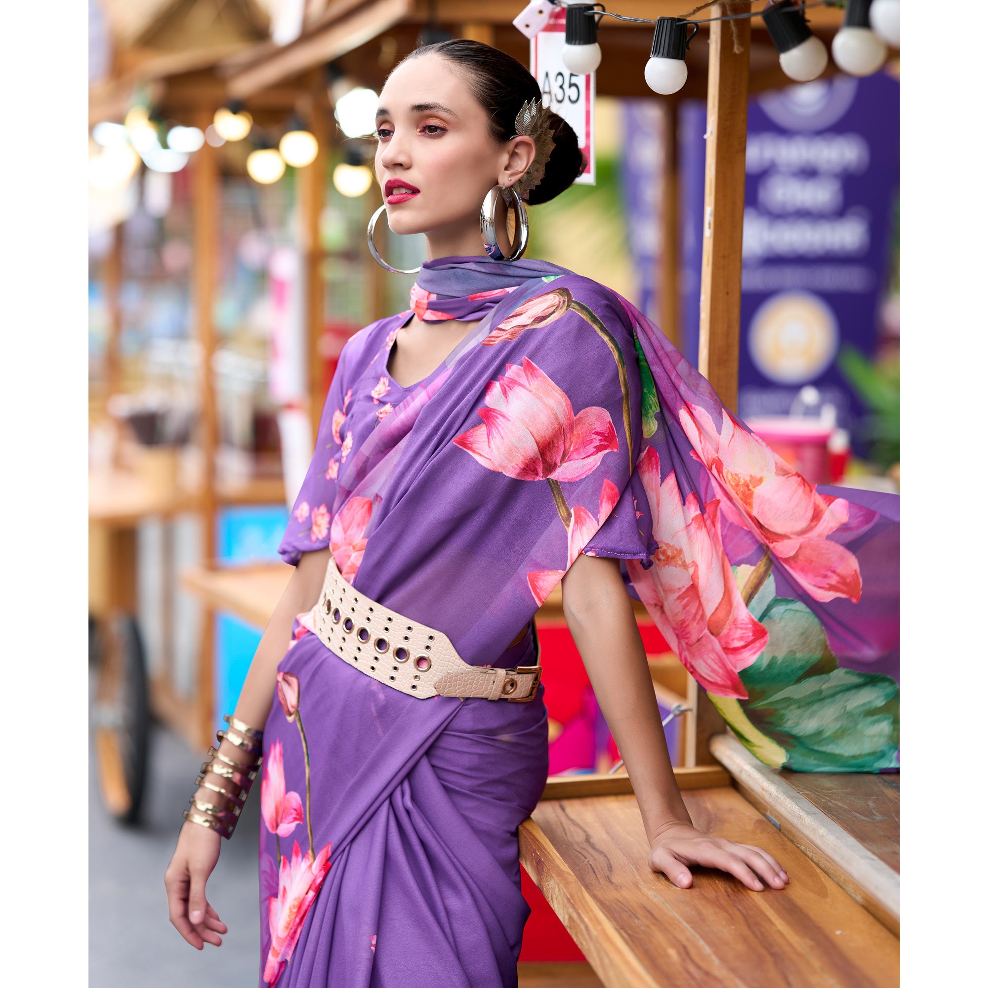 Lavender Floral Printed Georgette Saree