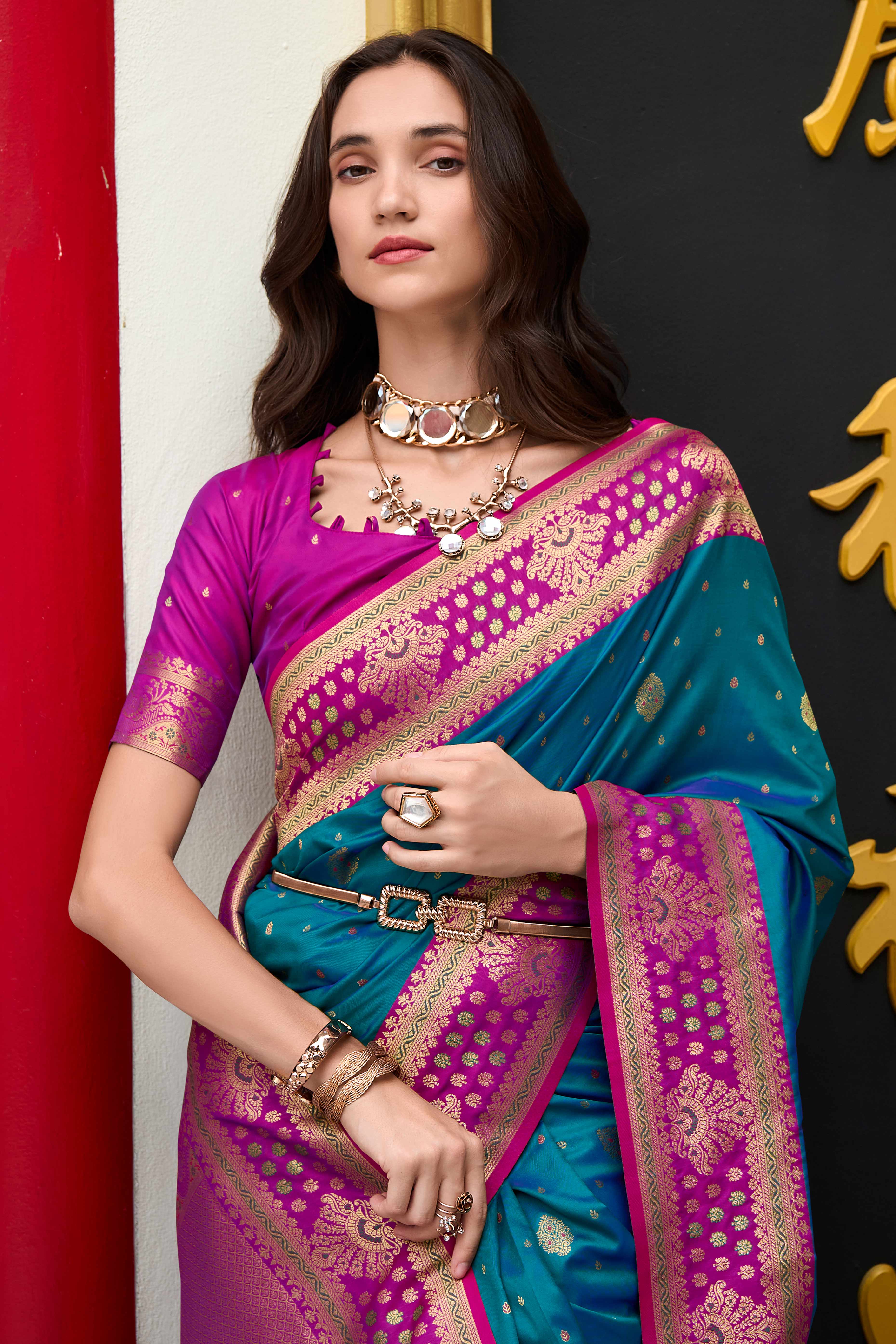 Pure Soft Banarasi Silk Saree in Peacock Teal Hue with Timeless Zari Butti Patterns