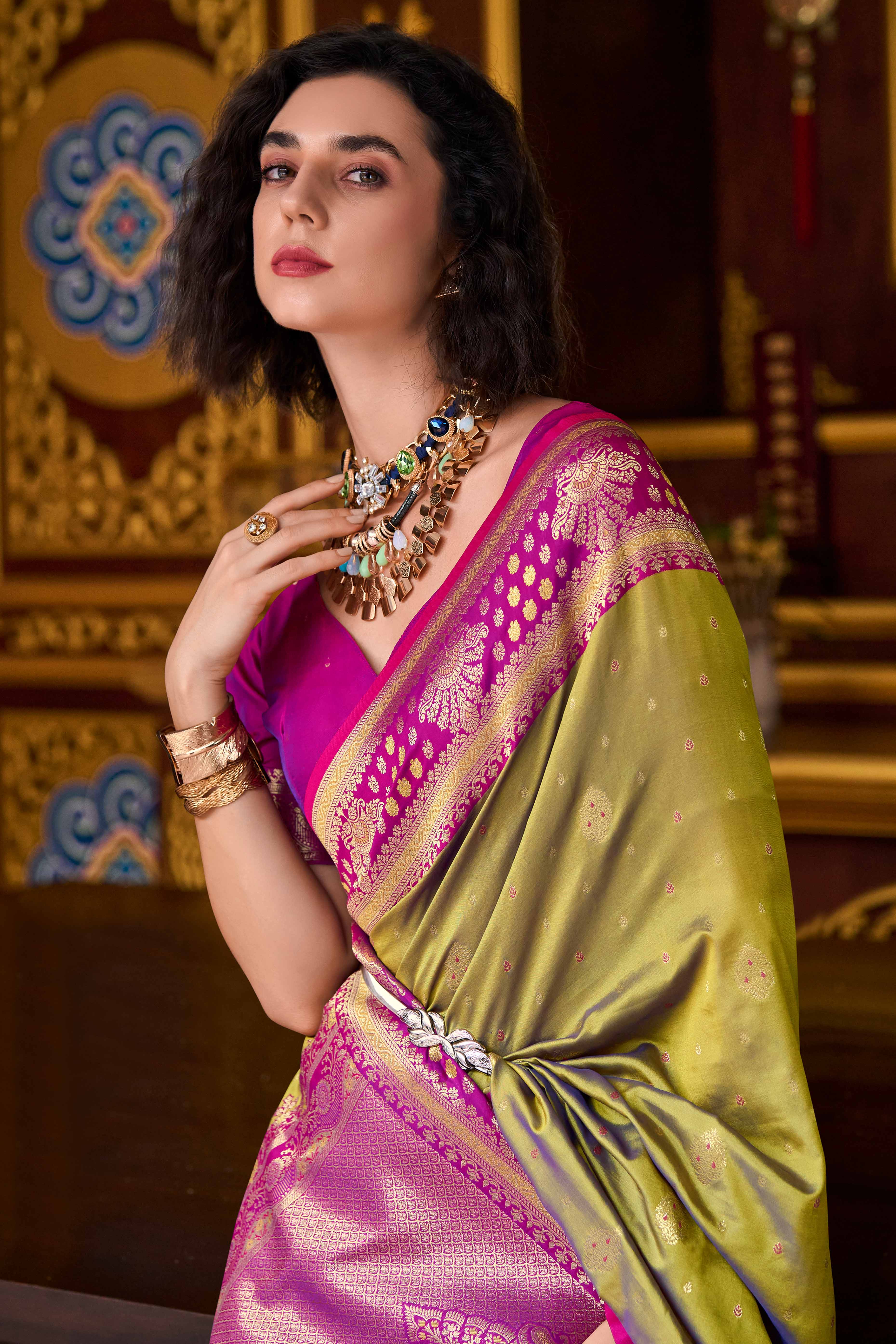 Pure Soft Banarasi Silk Saree in Olive Hue with Timeless Zari Butti Patterns