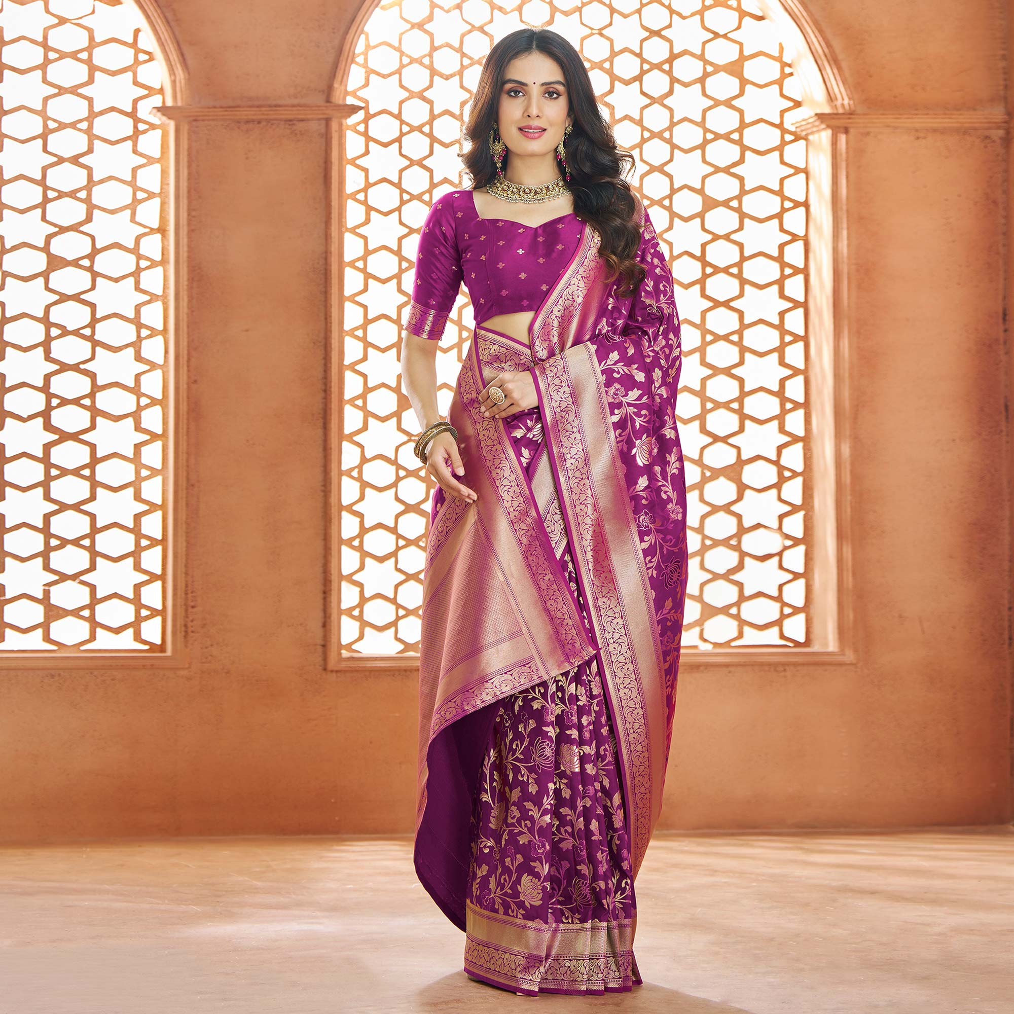 Purple Floral Woven Pure Banarasi Silk Saree