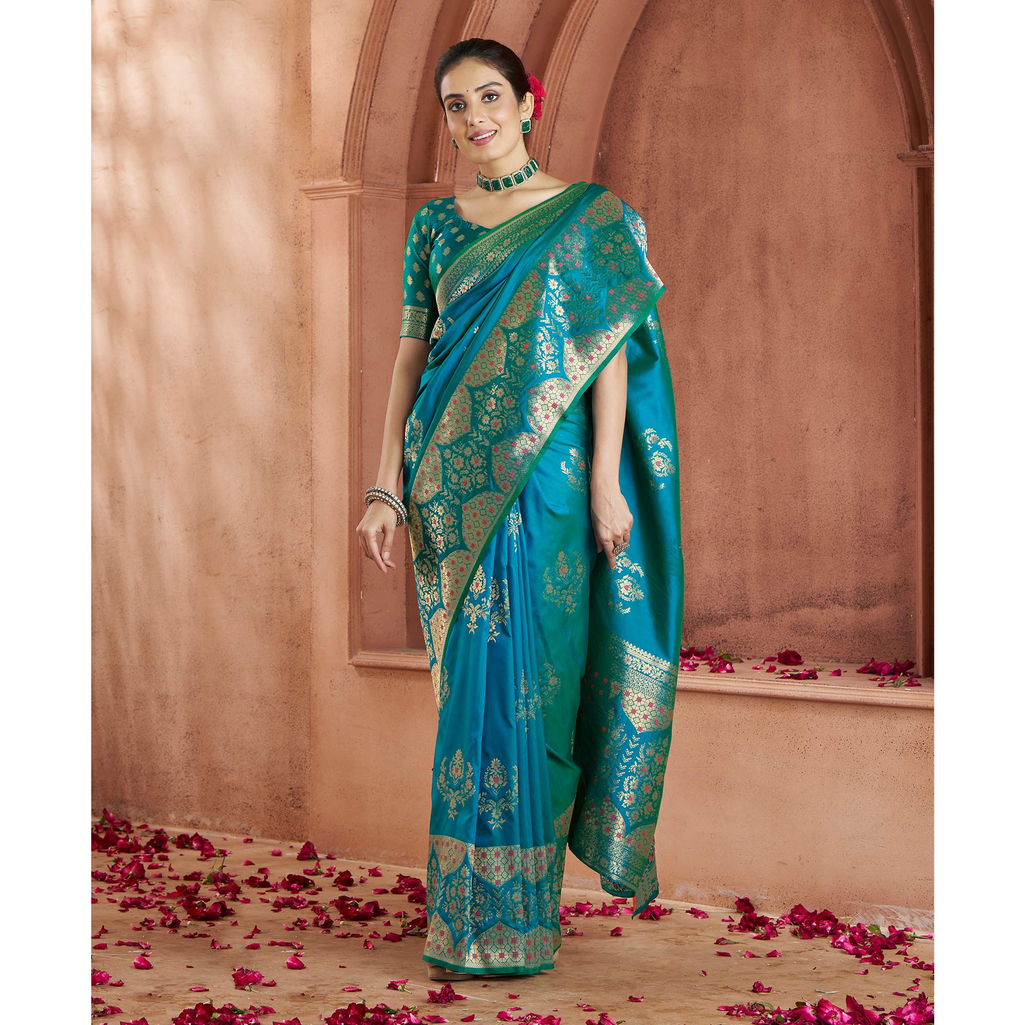 Rama Blue Floral Woven Pure Banarasi Silk Saree