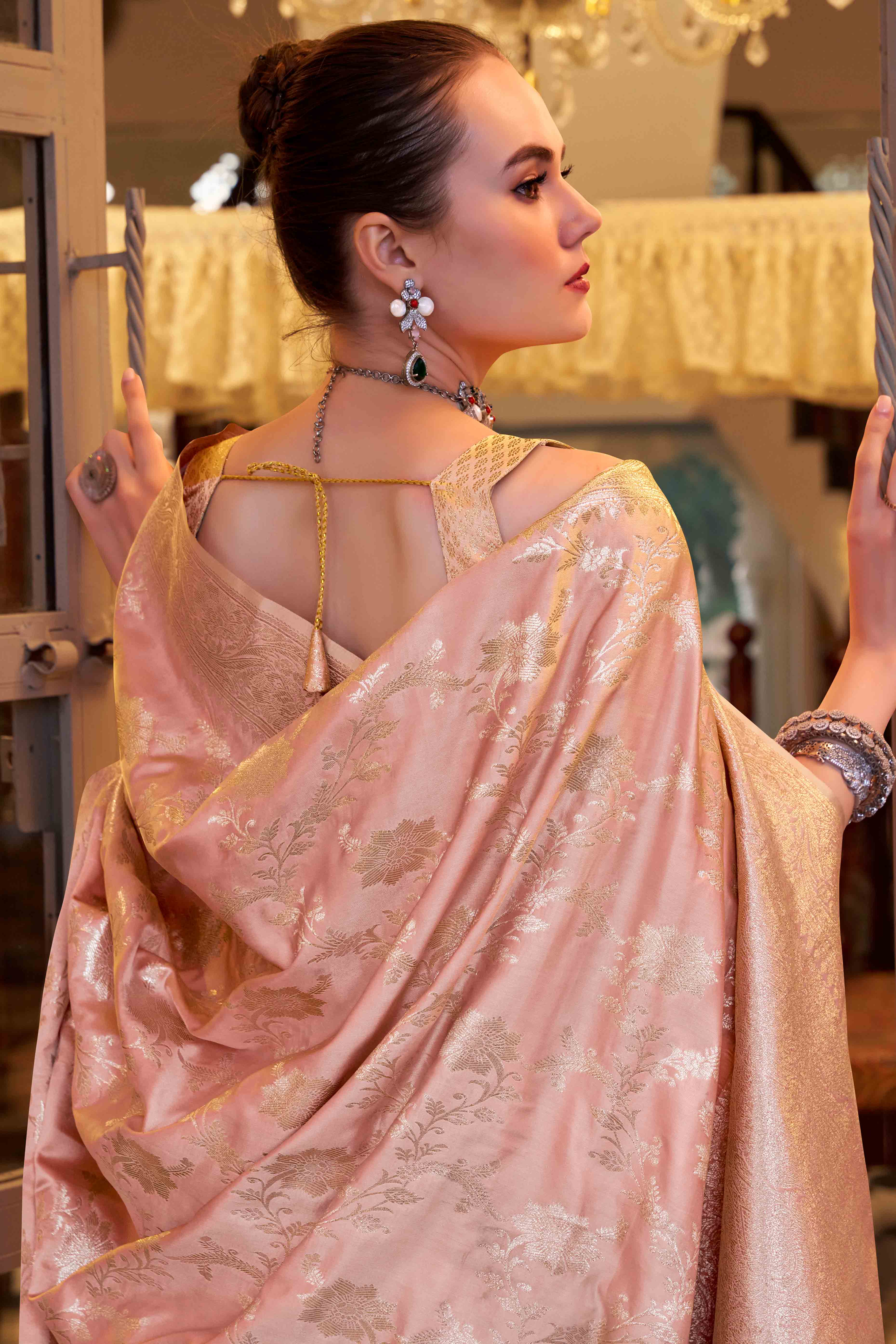 Blush Pink Soft Satin Saree Featuring Exquisite Zari Weaving Work