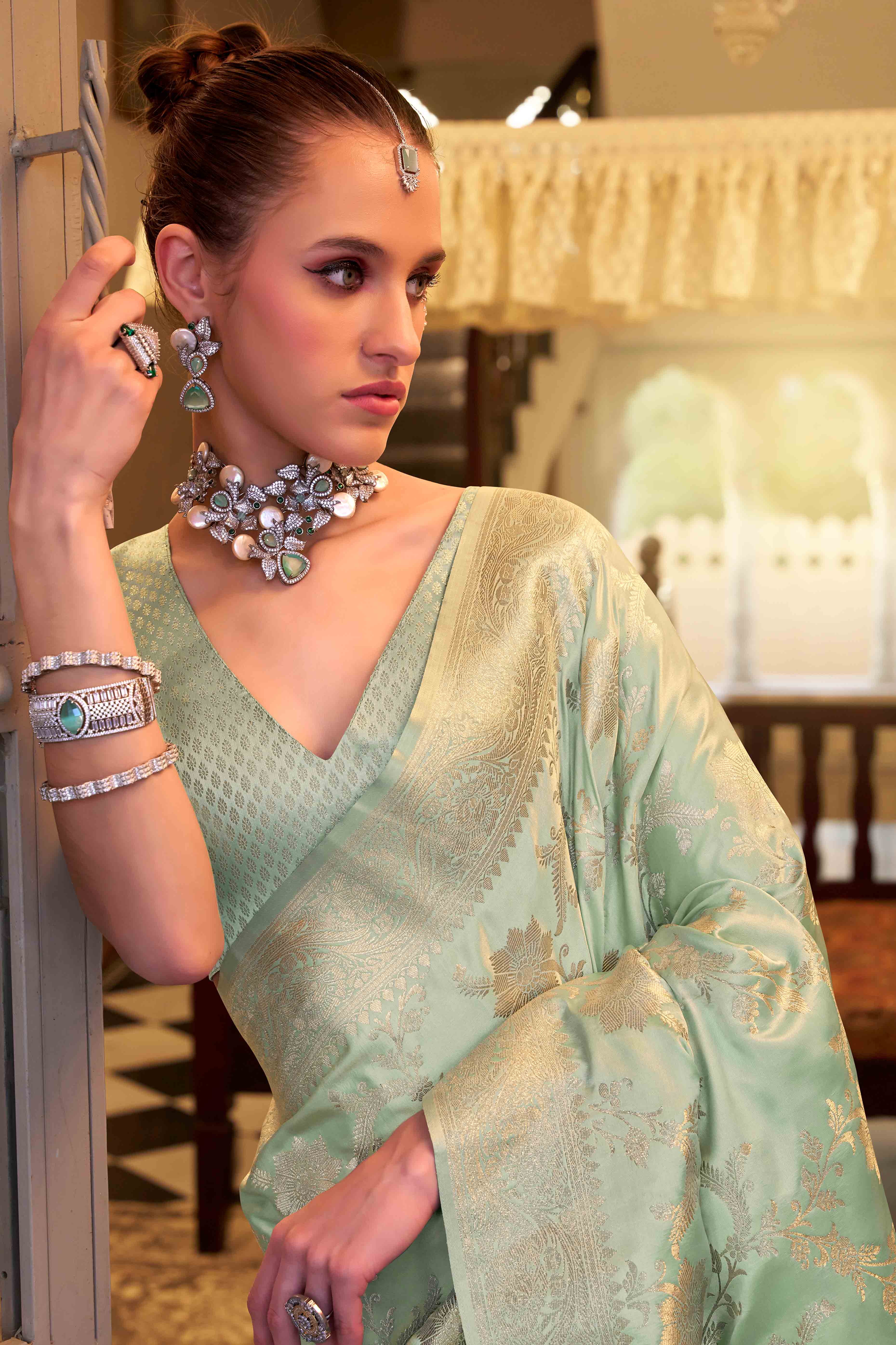 Sea Green Soft Satin Saree Featuring Exquisite Zari Weaving Work