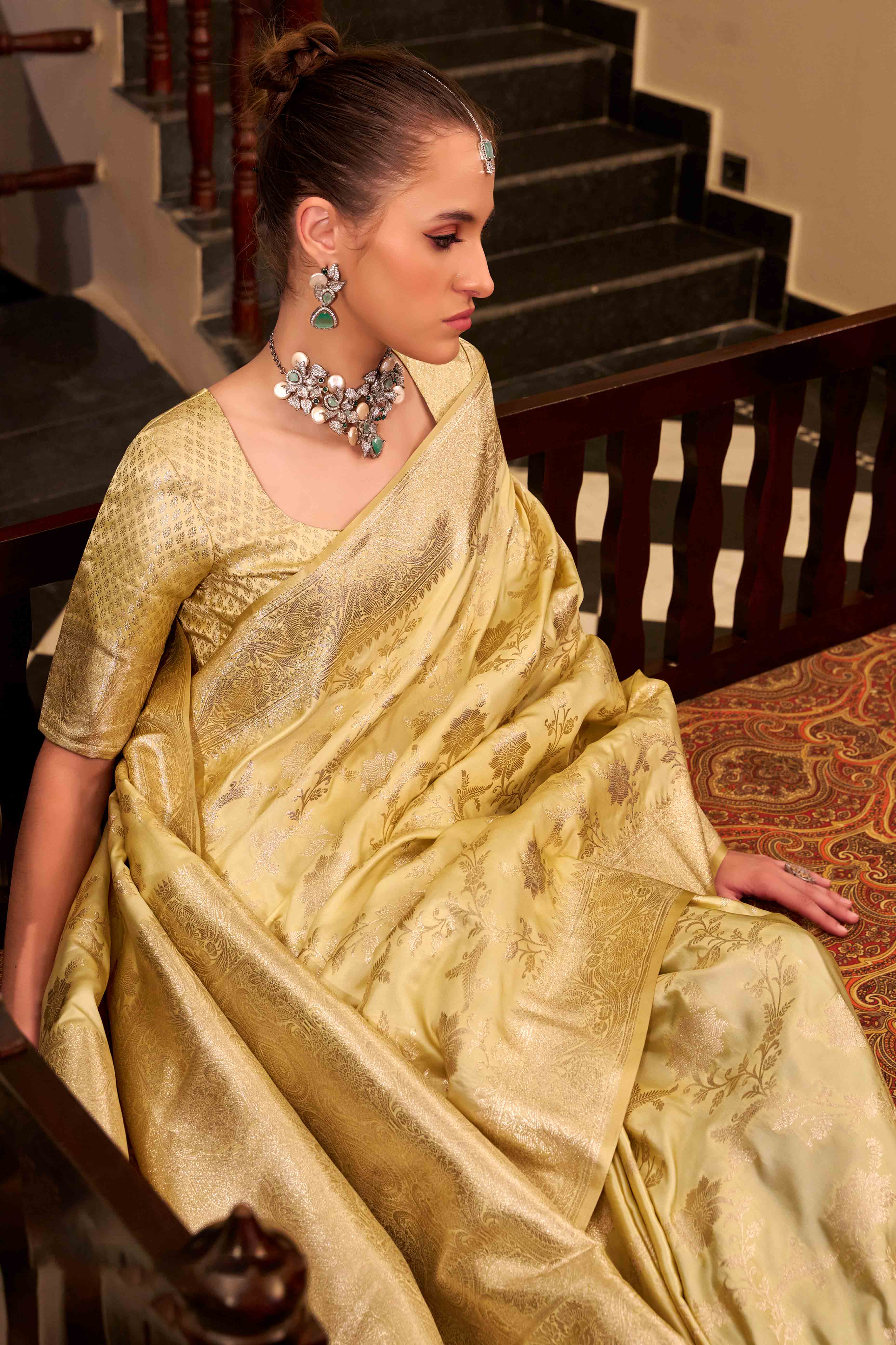 Golden Mustard Soft Satin Saree Featuring Exquisite Zari Weaving Work
