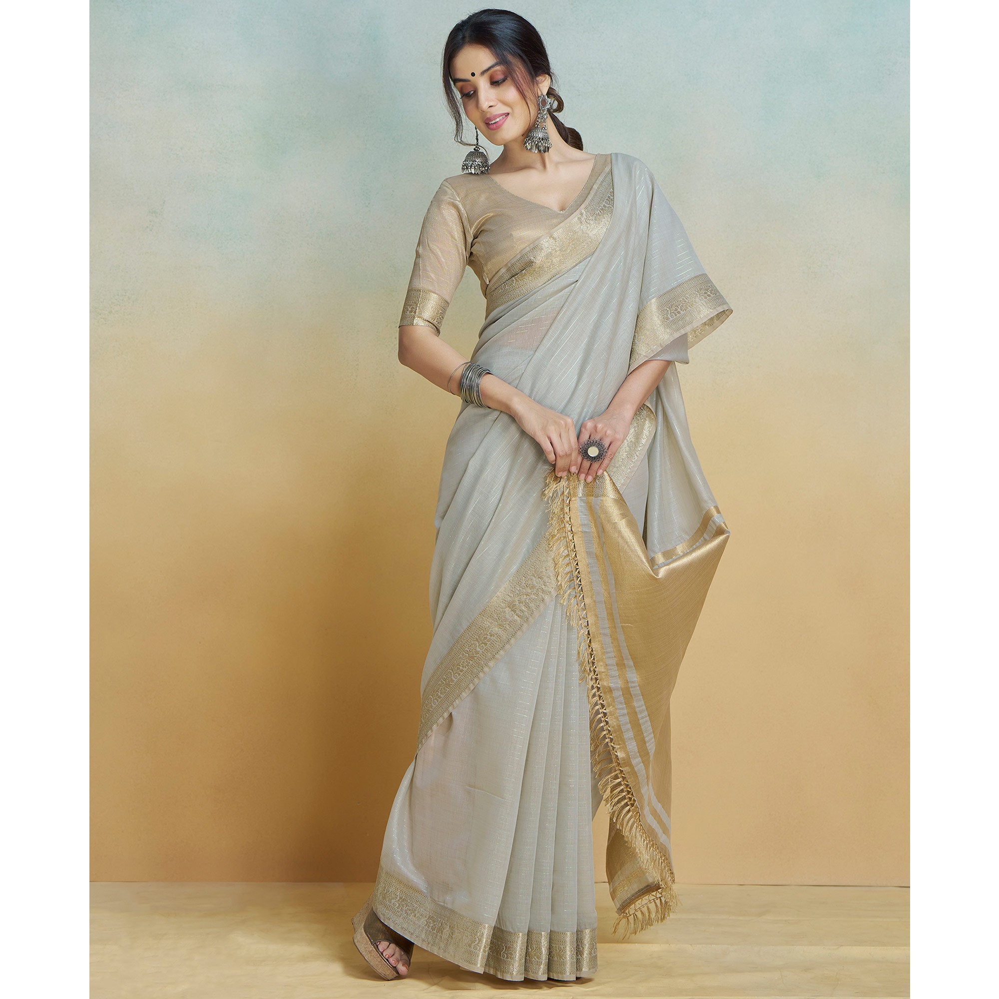 Light Grey Woven Cotton Silk Saree With Tassels