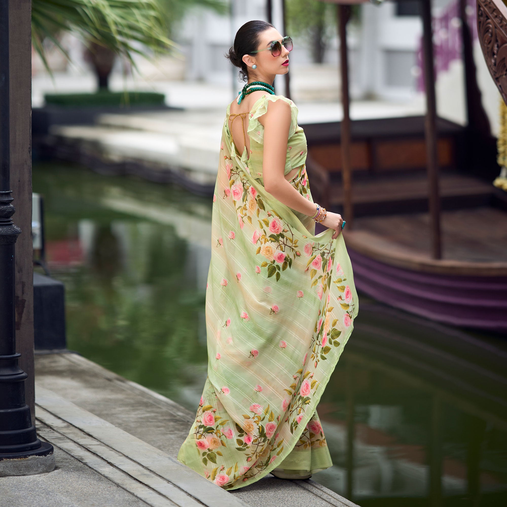 Green Floral Digital Printed Georgette Saree