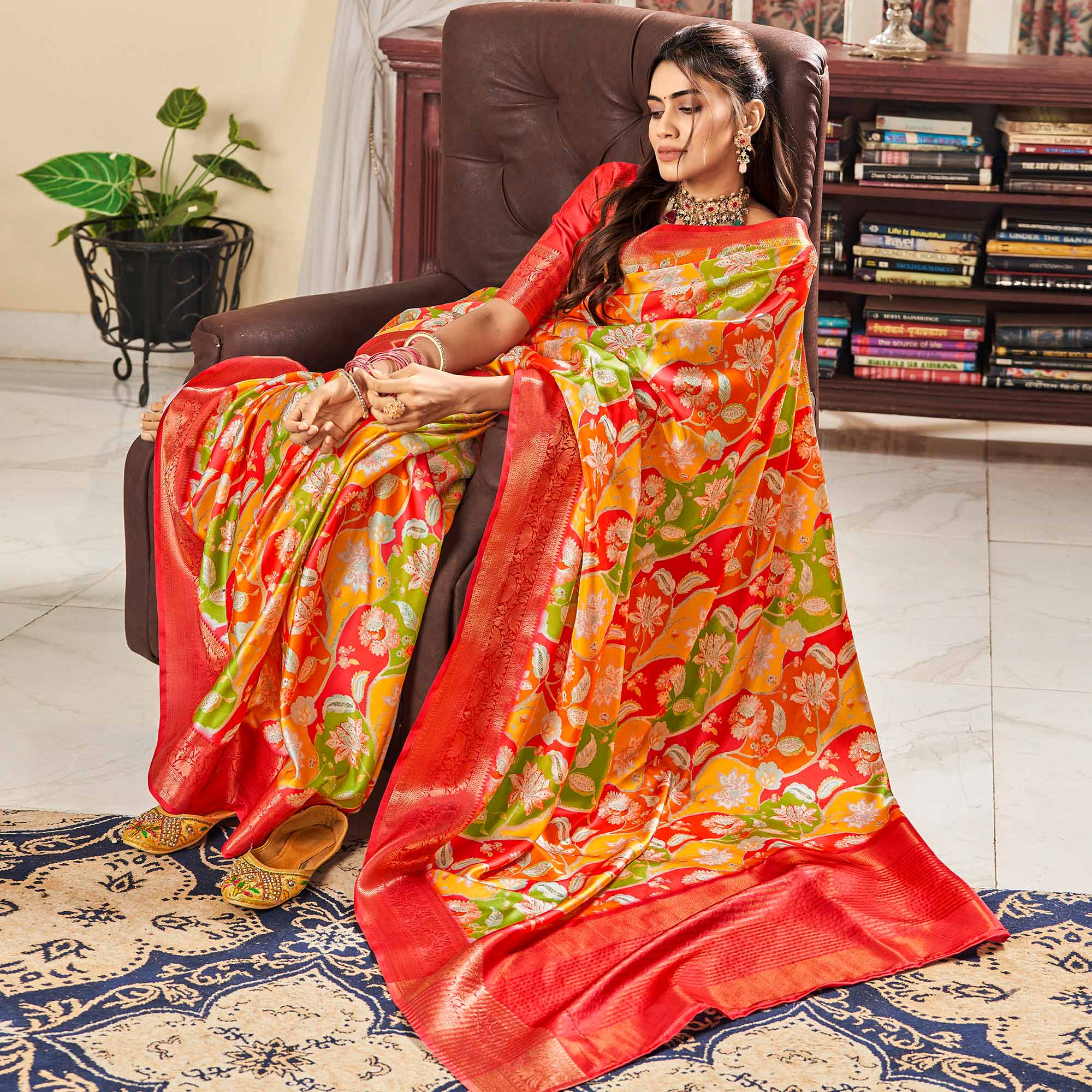 Multicolor Digital Printed Satin Saree