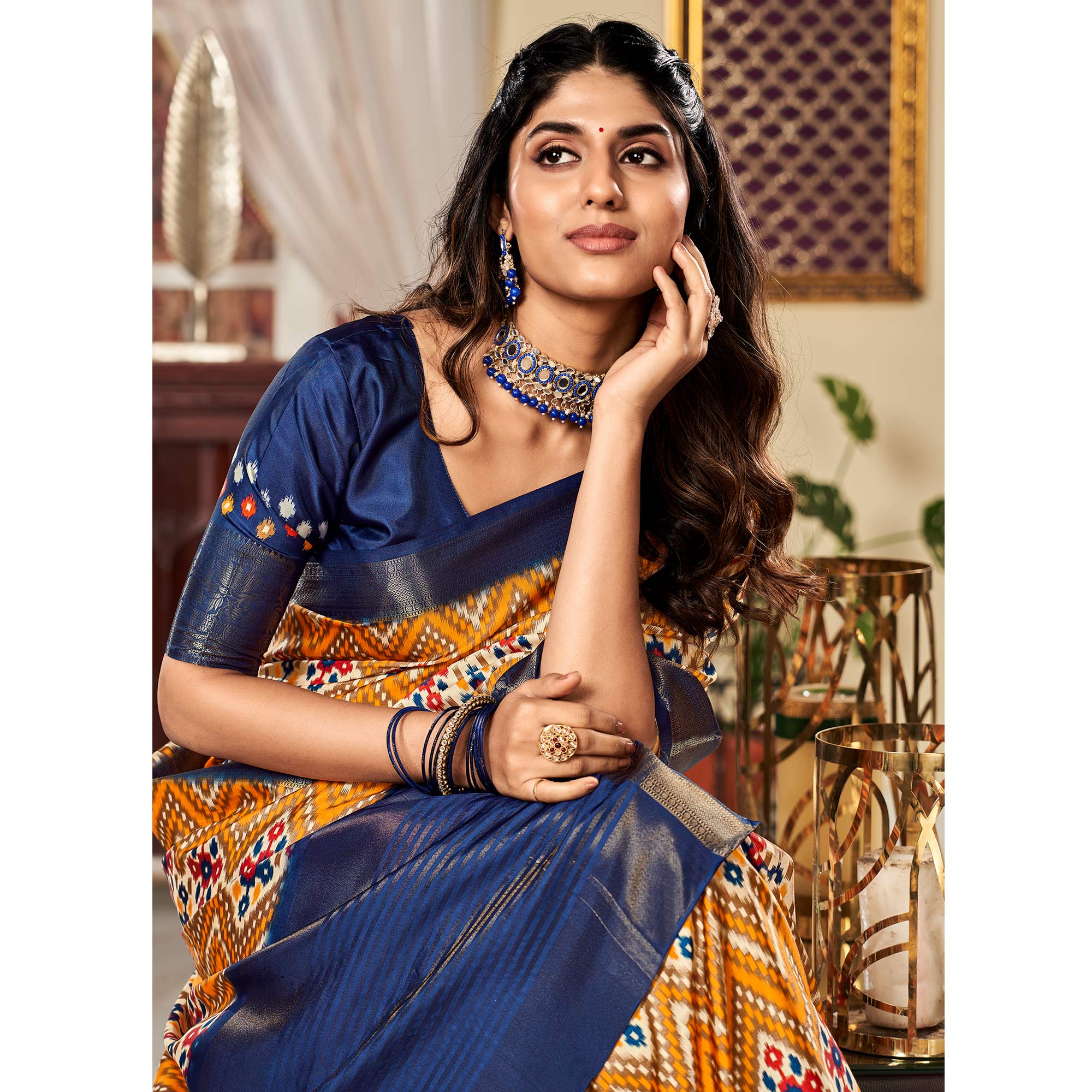 Mustard & Blue Digital Printed Satin Saree