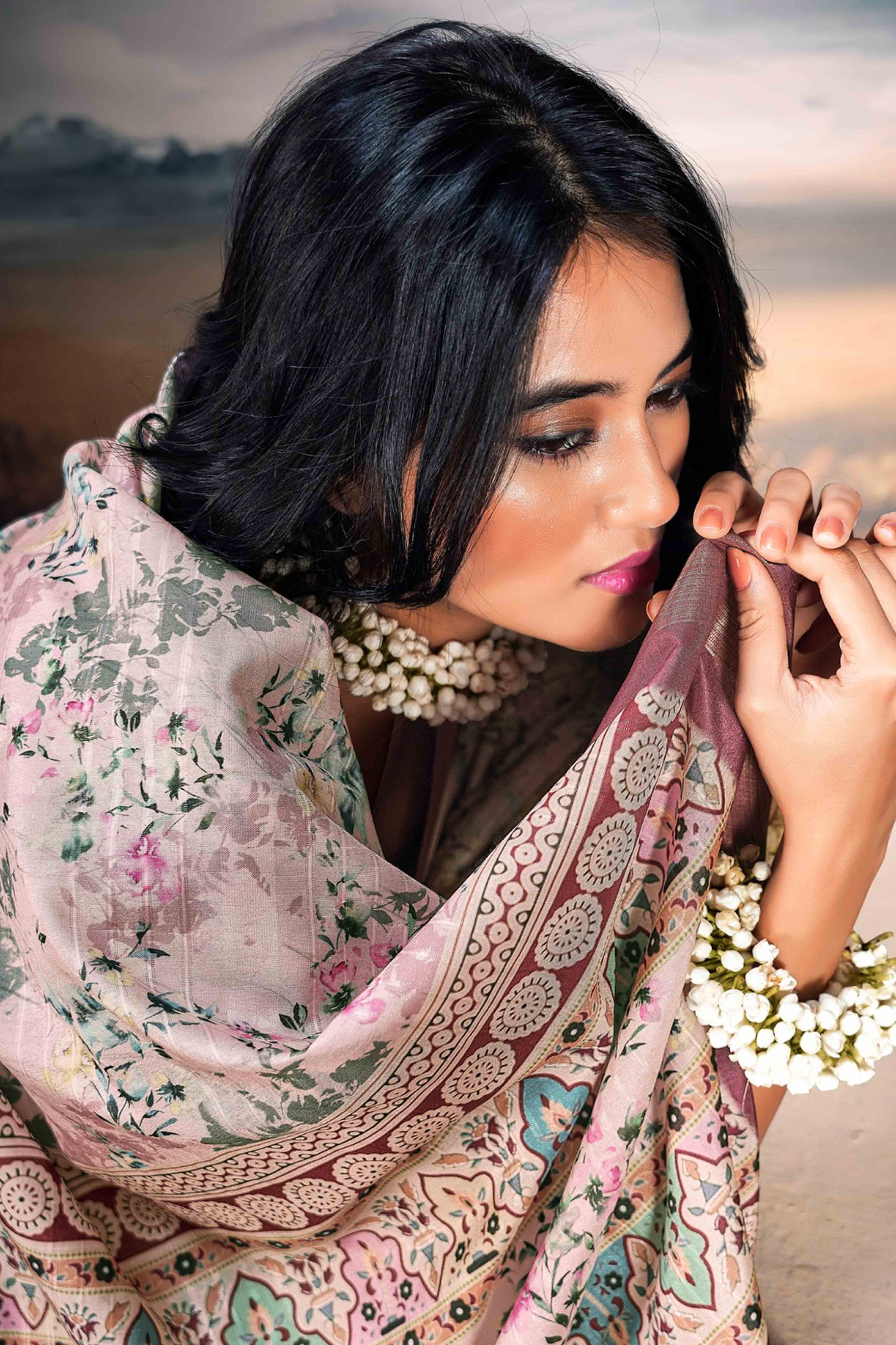 Light Pink Digital Printed Saree in Soft Cotton Silk Fabric