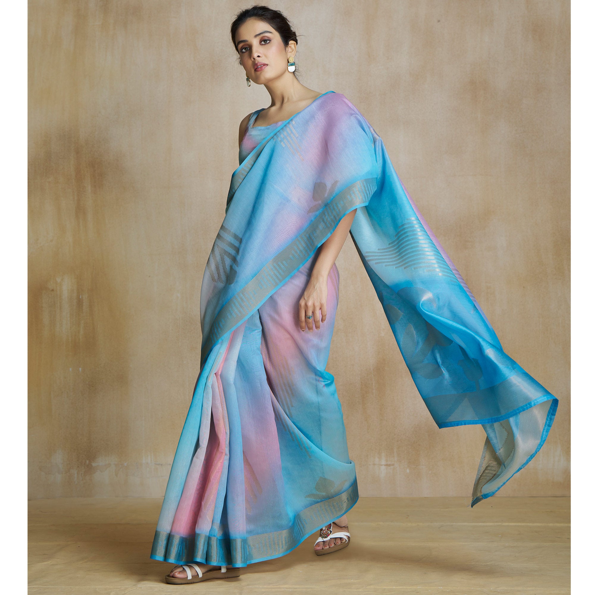 Blue Digital Printed With Woven Pure Silk Ombre Saree