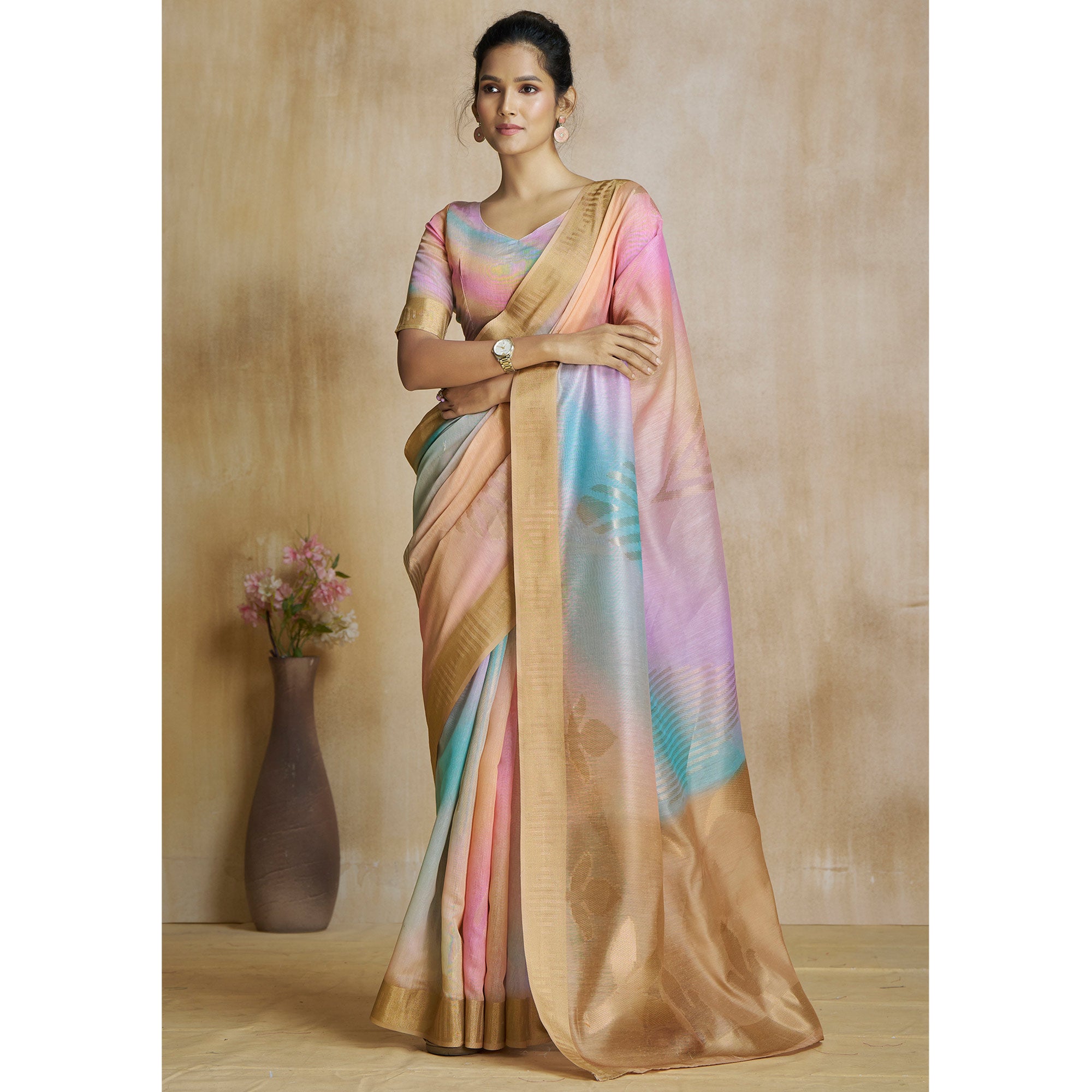 Chikoo Digital Printed With Woven Pure Silk Ombre Saree