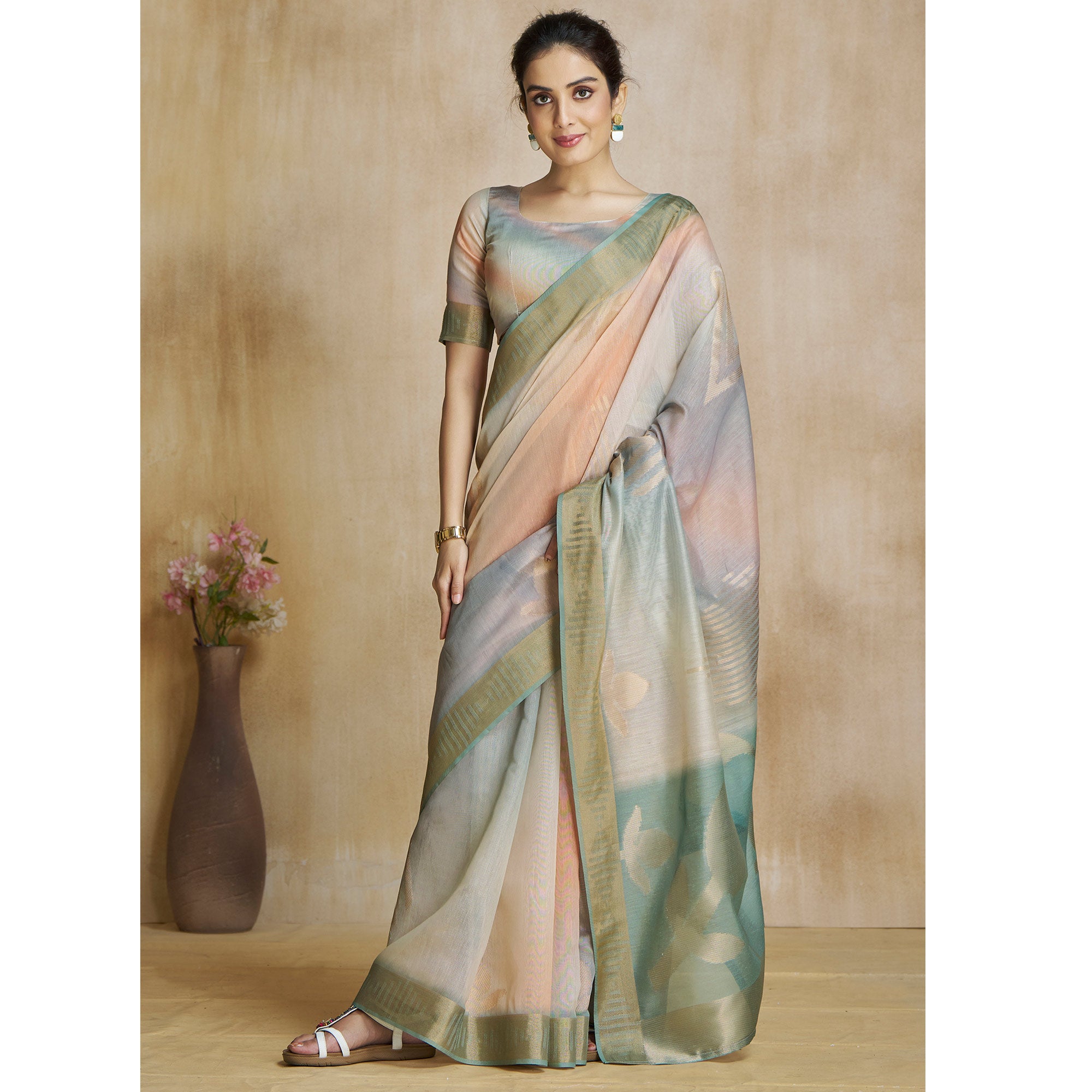 Sea Green Digital Printed With Woven Pure Silk Ombre Saree