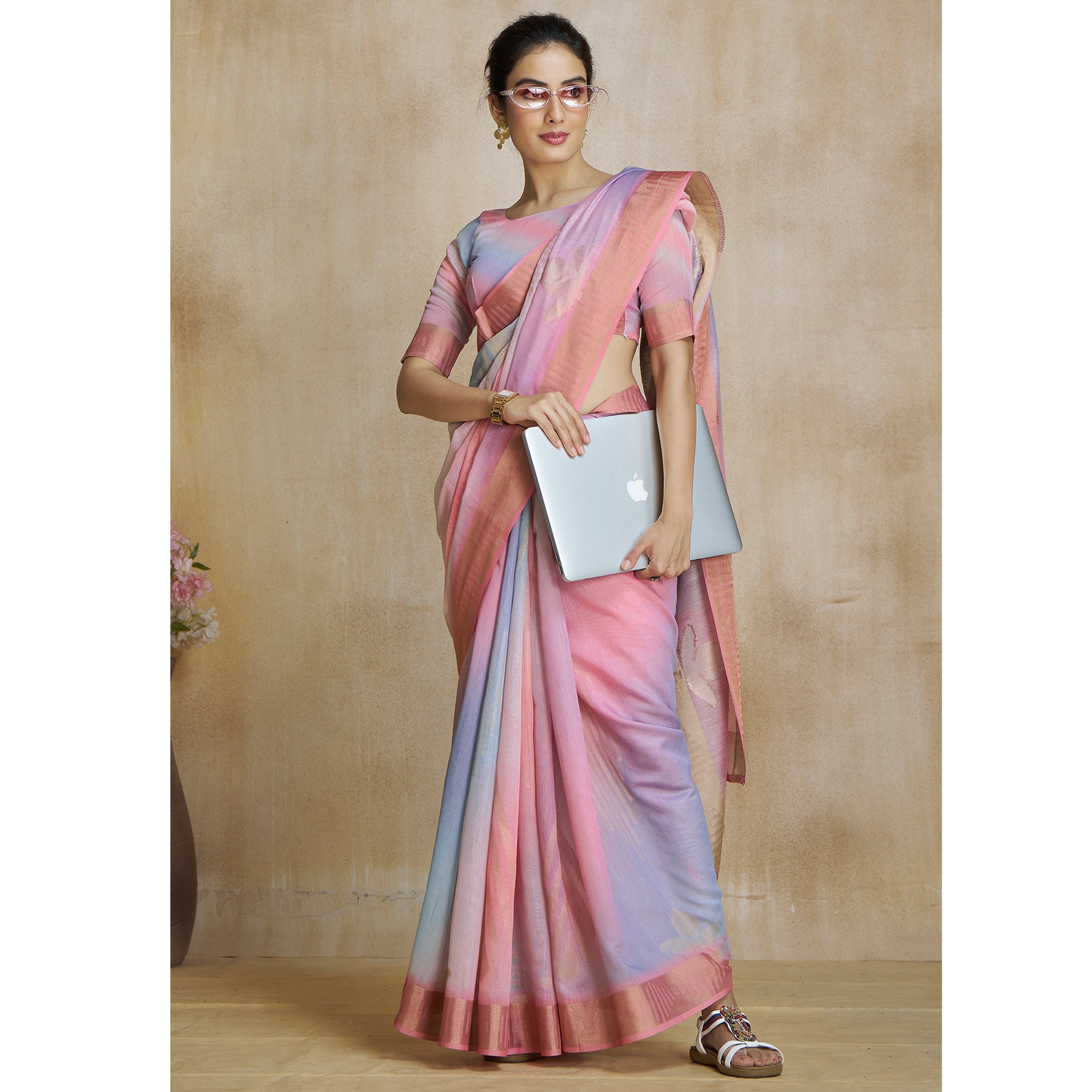 Pink Digital Printed With Woven Pure Silk Ombre Saree