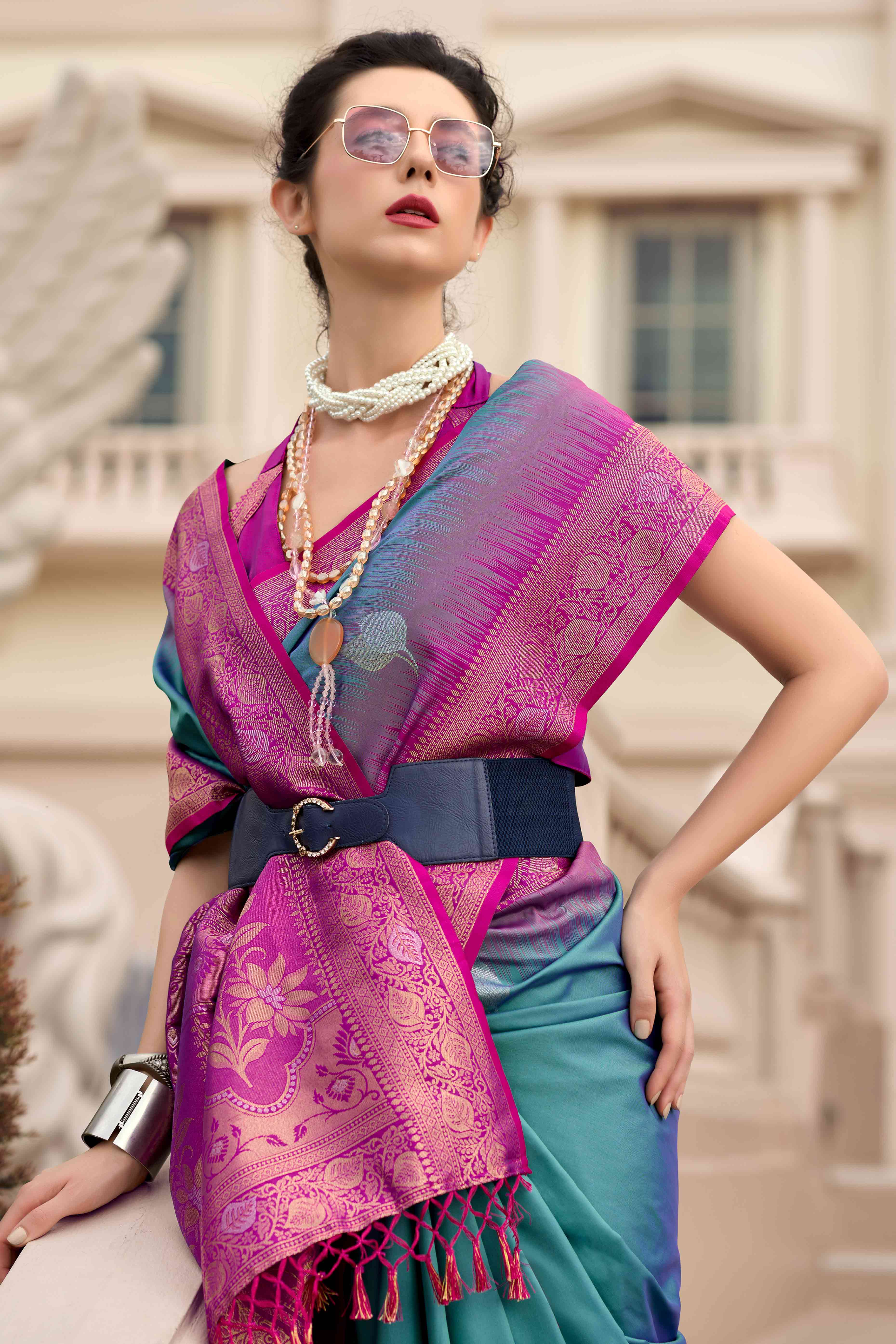 Dusty Teal Zari Weaving Pure Silk Saree