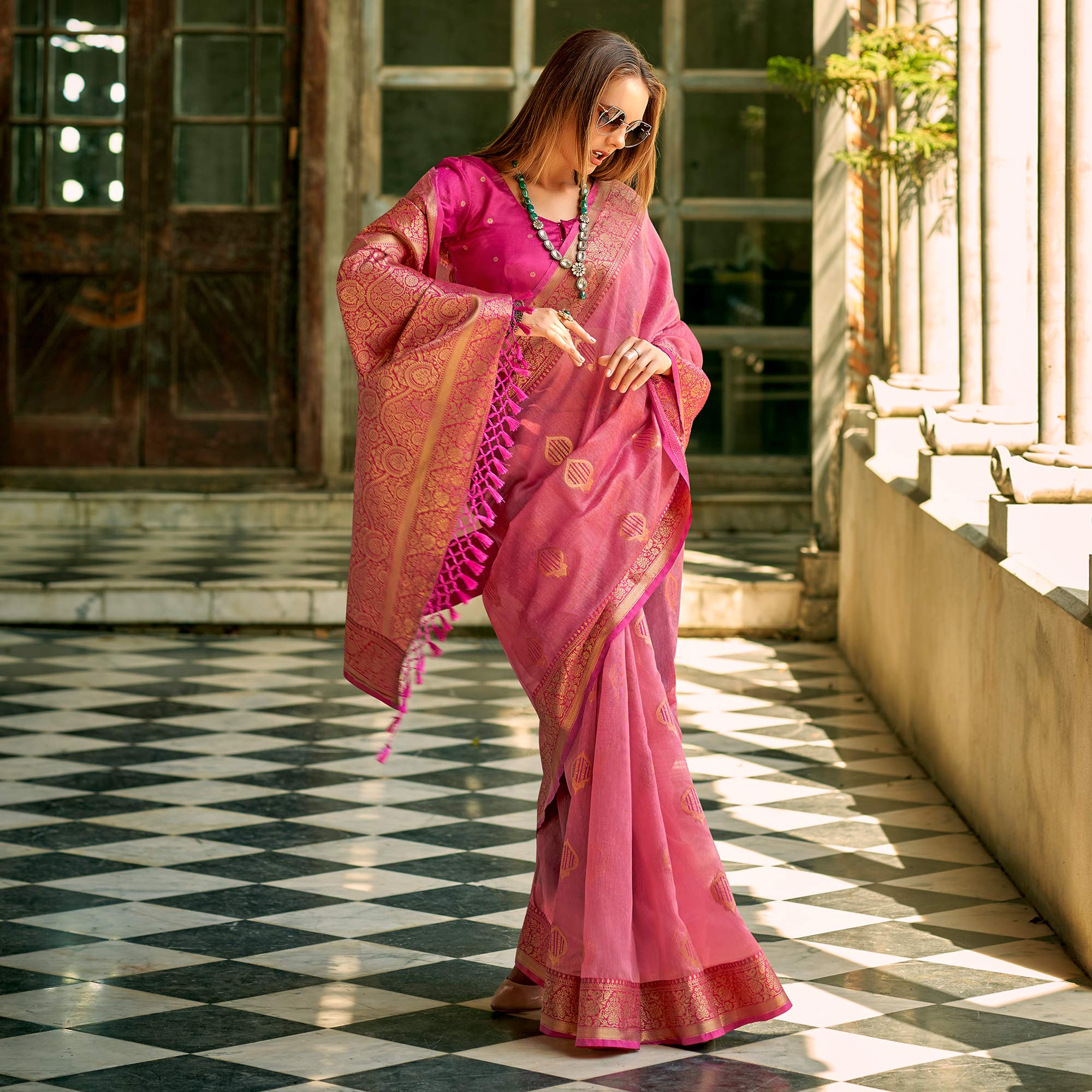 Pink Floral Woven Tissue Silk Saree With Tassels