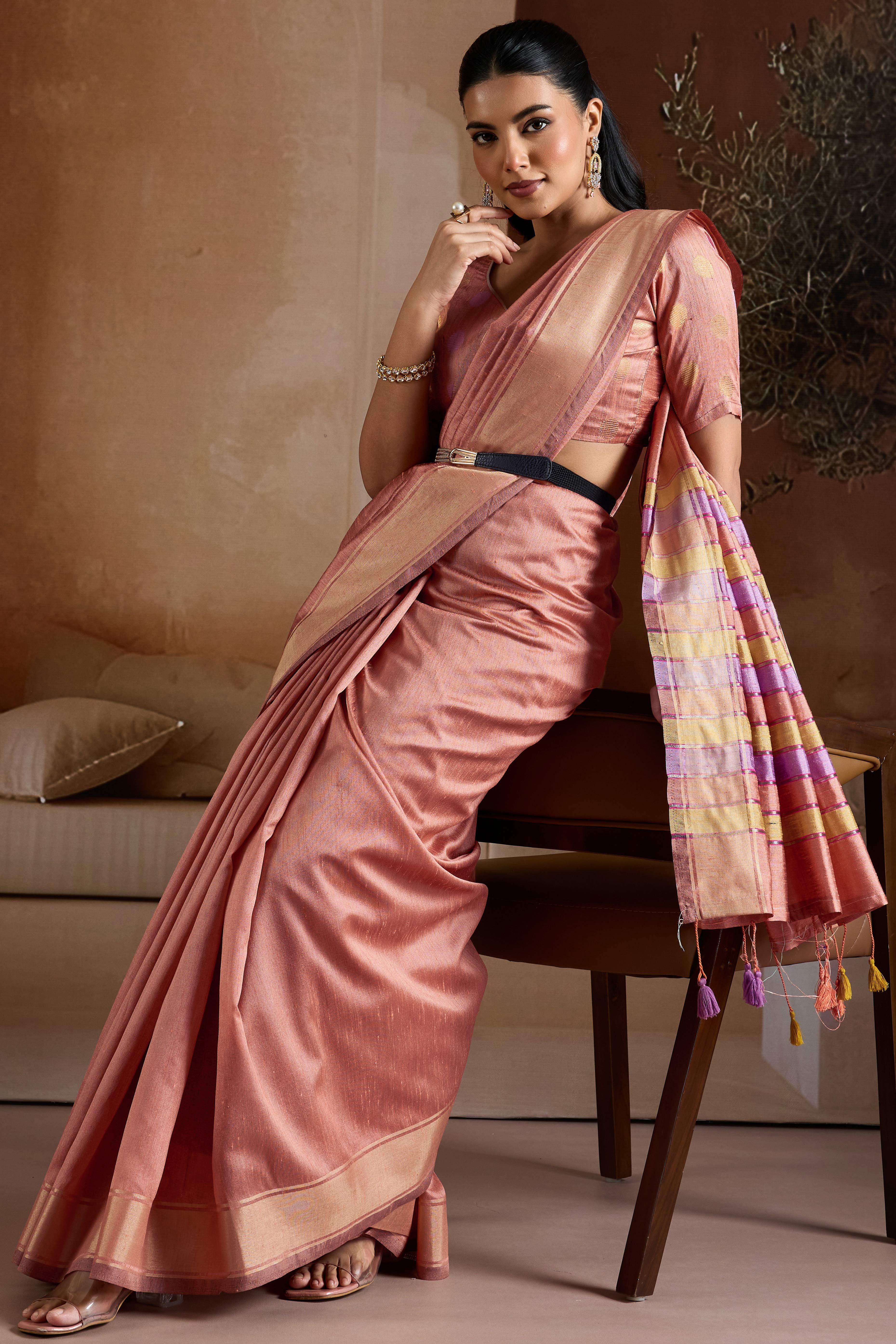Graceful Peach Zari Woven Bhagalpuri Silk Saree Accented With Tassel Pallu