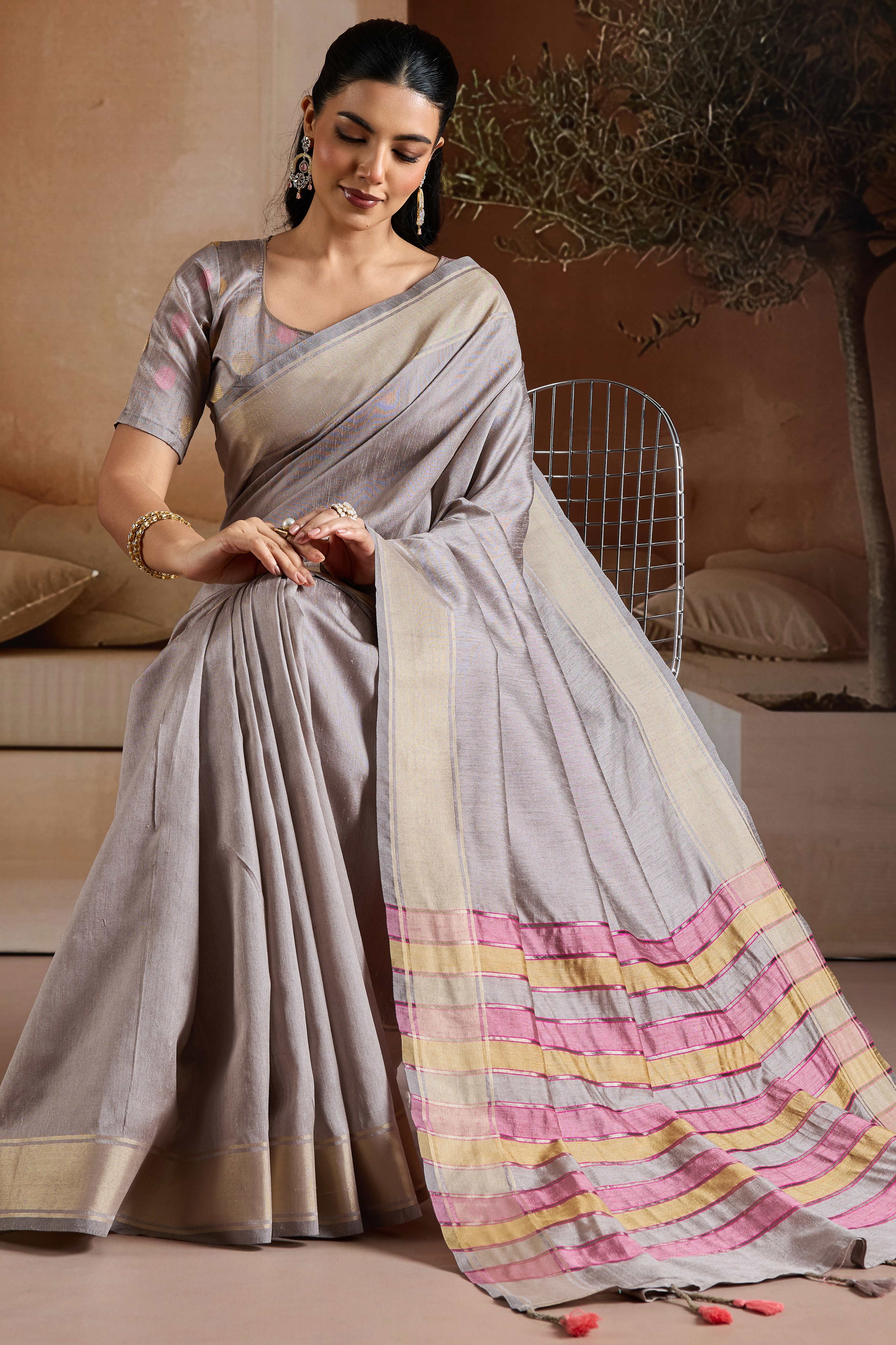 Graceful Grey Zari Woven Bhagalpuri Silk Saree Accented With Tassel Pallu