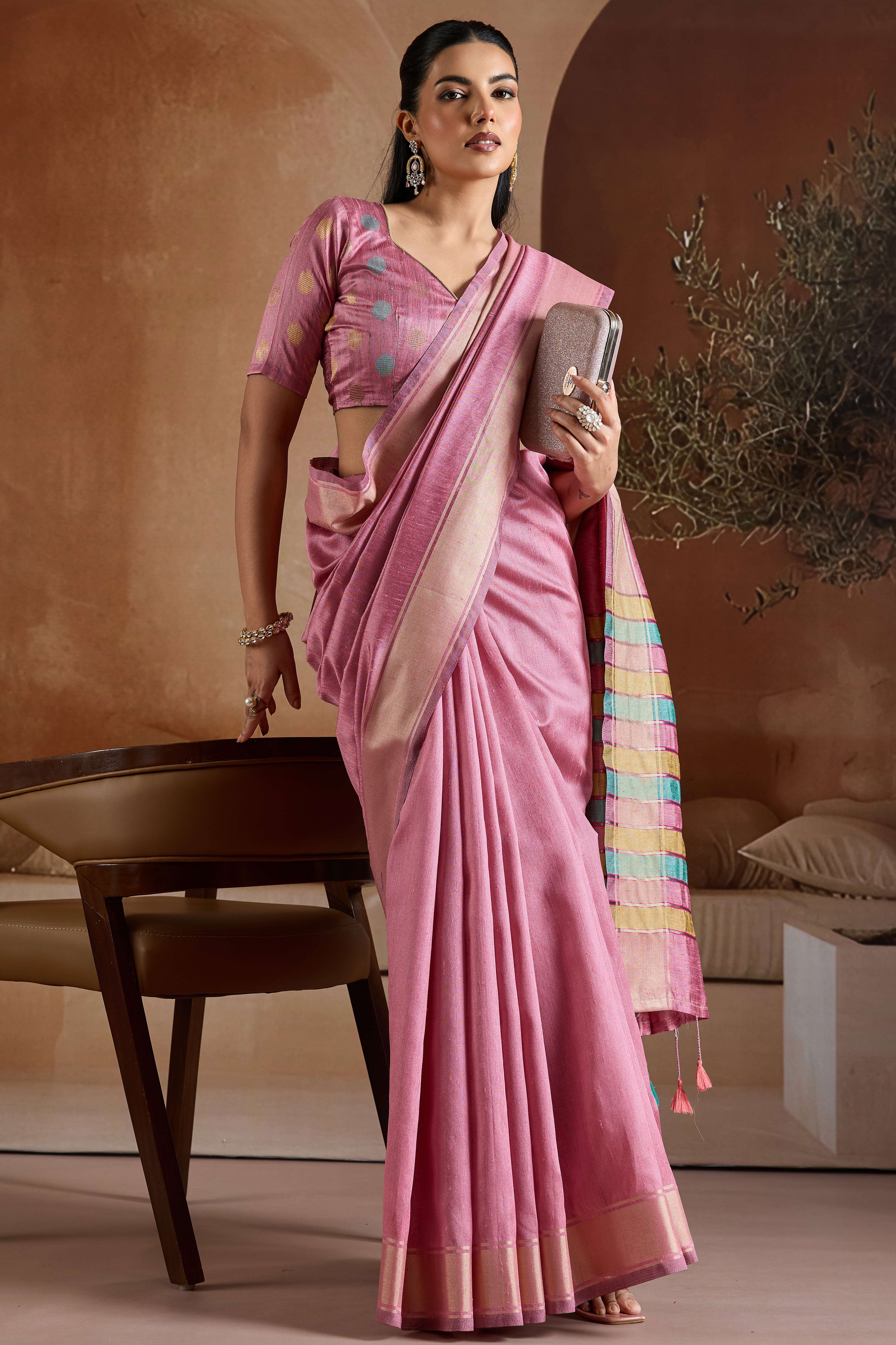 Graceful Pink Zari Woven Bhagalpuri Silk Saree Accented With Tassel Pallu