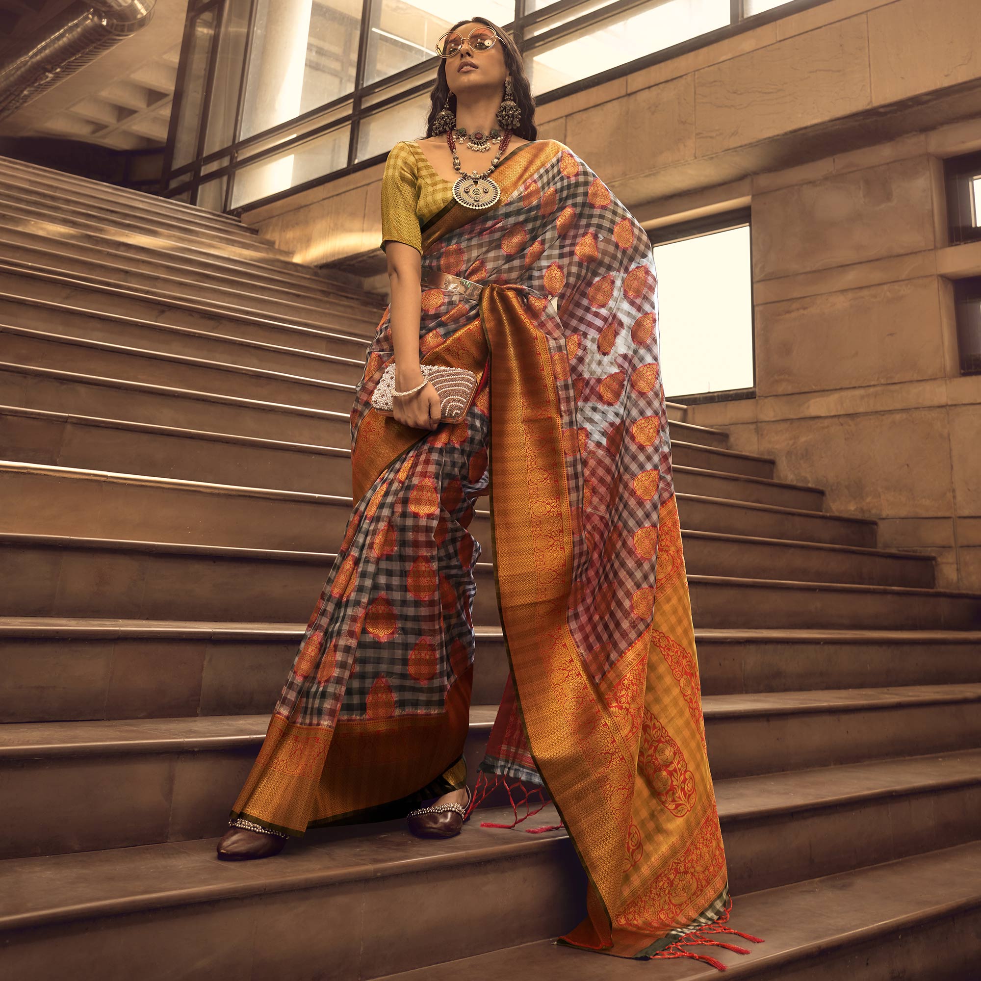 Red Checks Woven Organza Saree With Tassels