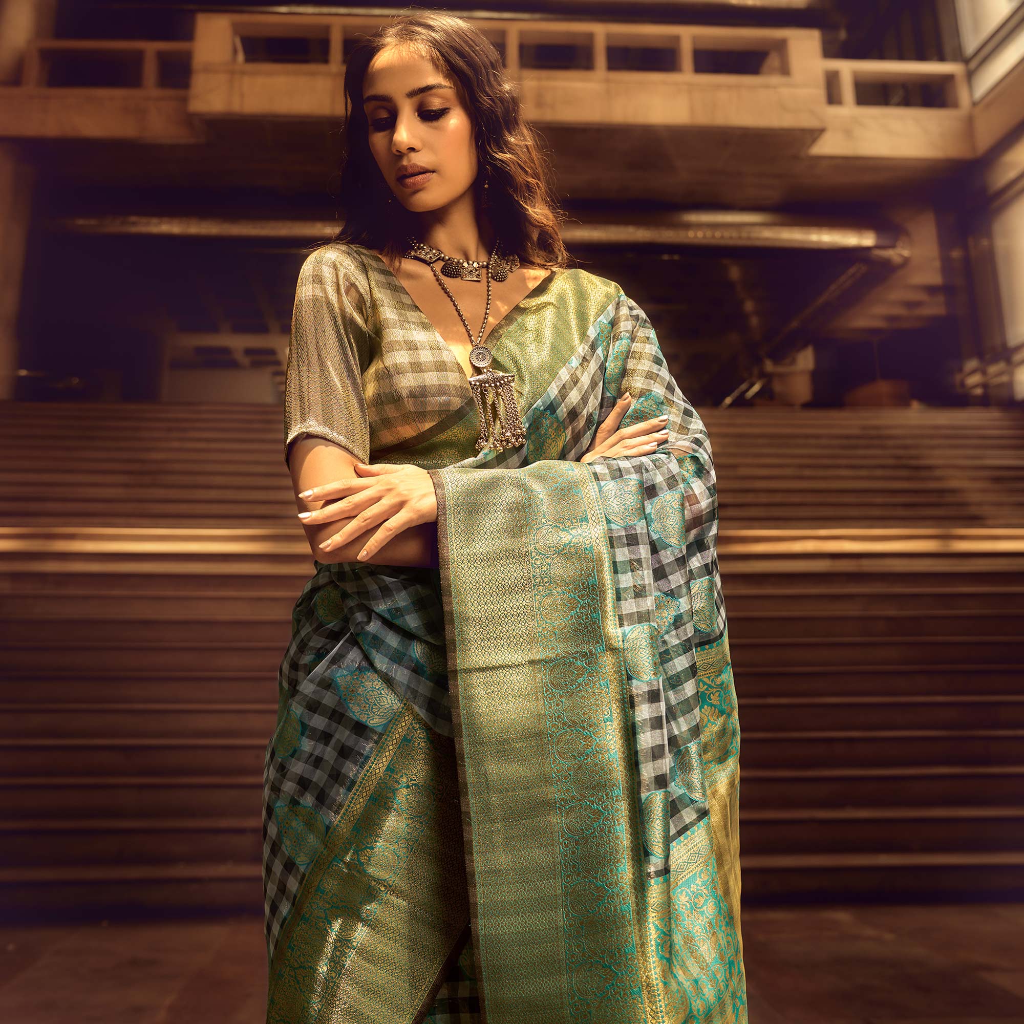 Green Checks Woven Organza Saree With Tassels