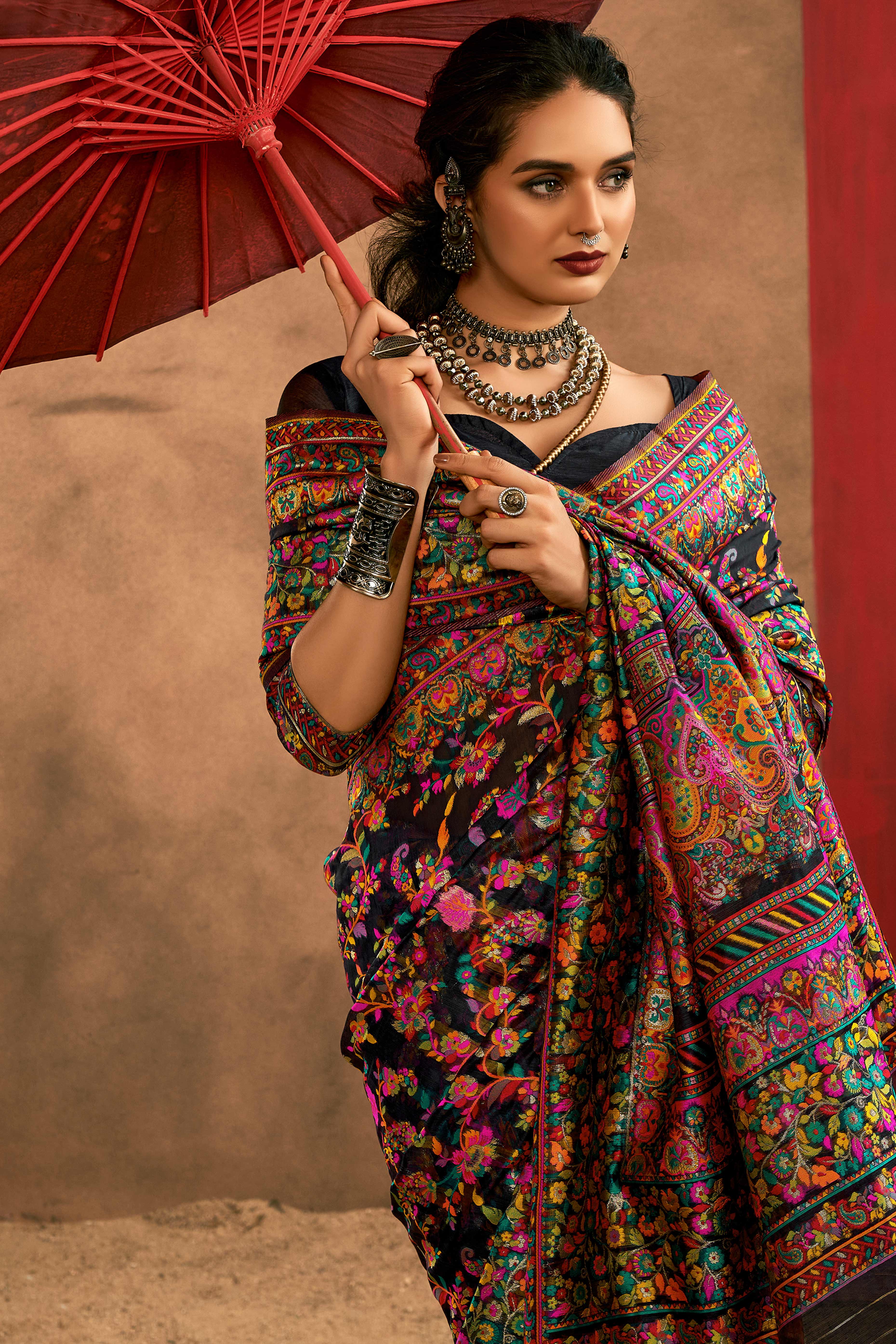 Graceful Black Floral Weaving Pashmina Modal Cotton Blend Saree With Timeless Appeal