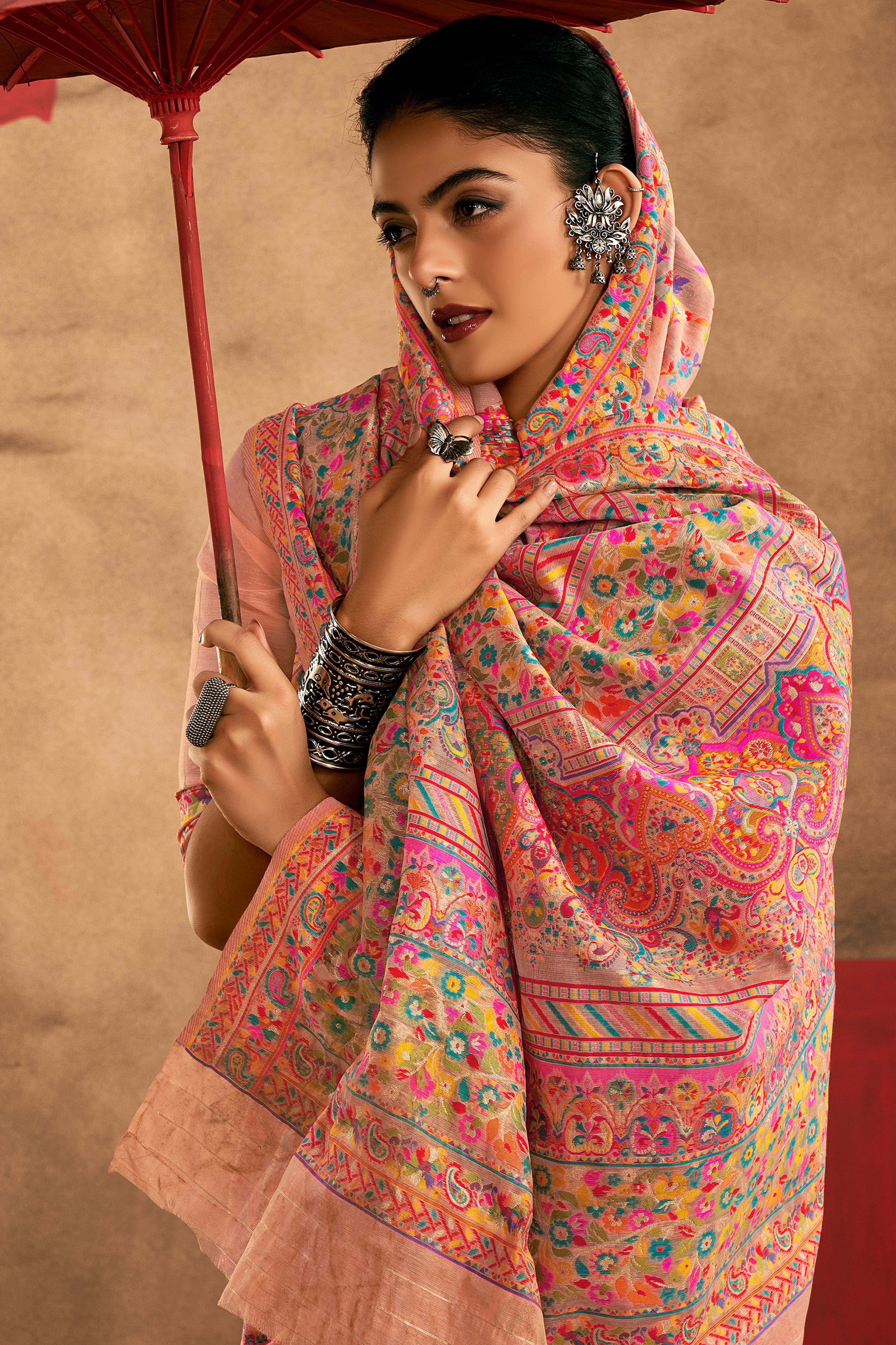 Graceful Peach Floral Weaving Pashmina Modal Cotton Blend Saree With Timeless Appeal