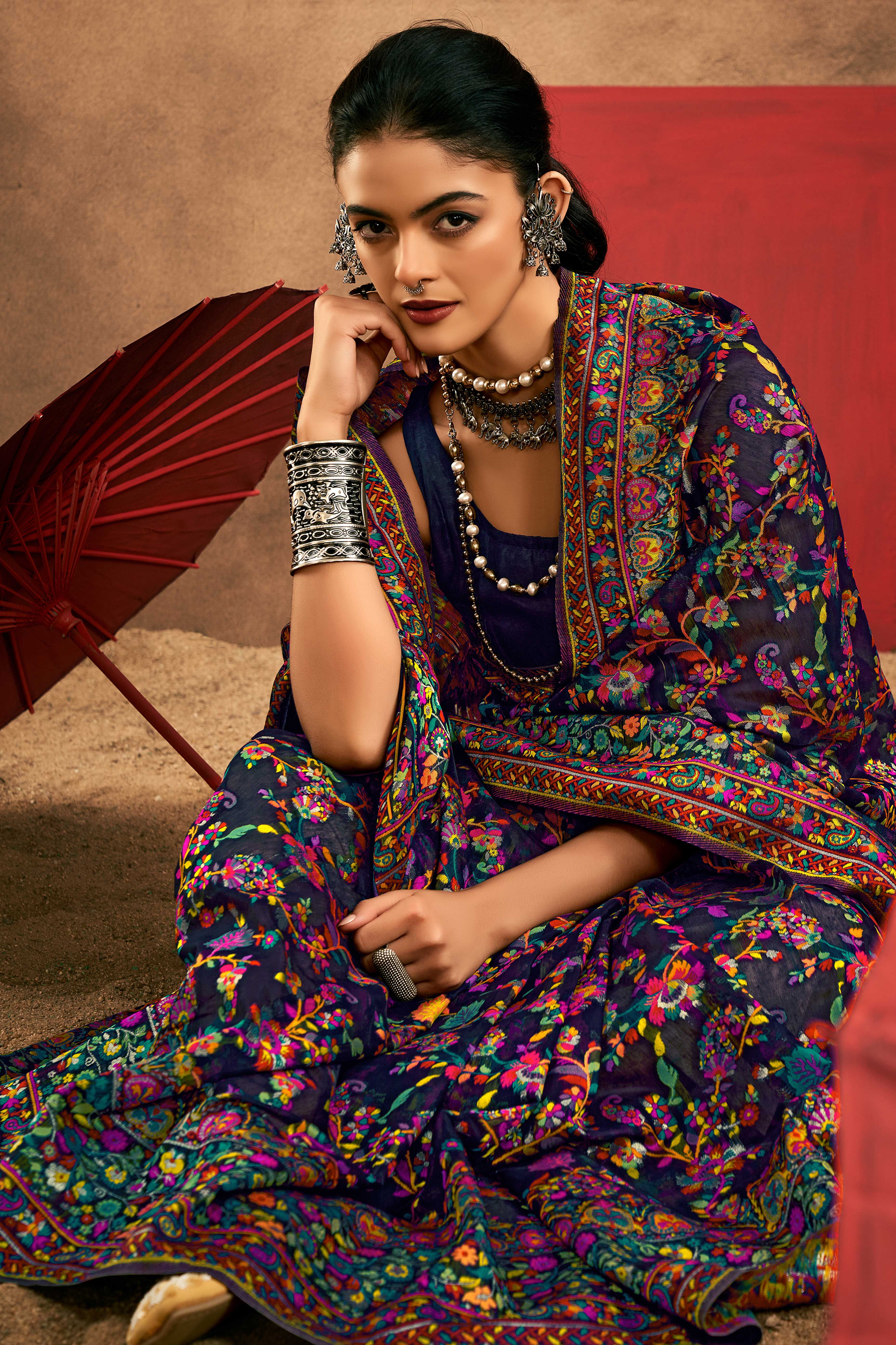Graceful Navy Blue Floral Weaving Pashmina Modal Cotton Blend Saree With Timeless Appeal