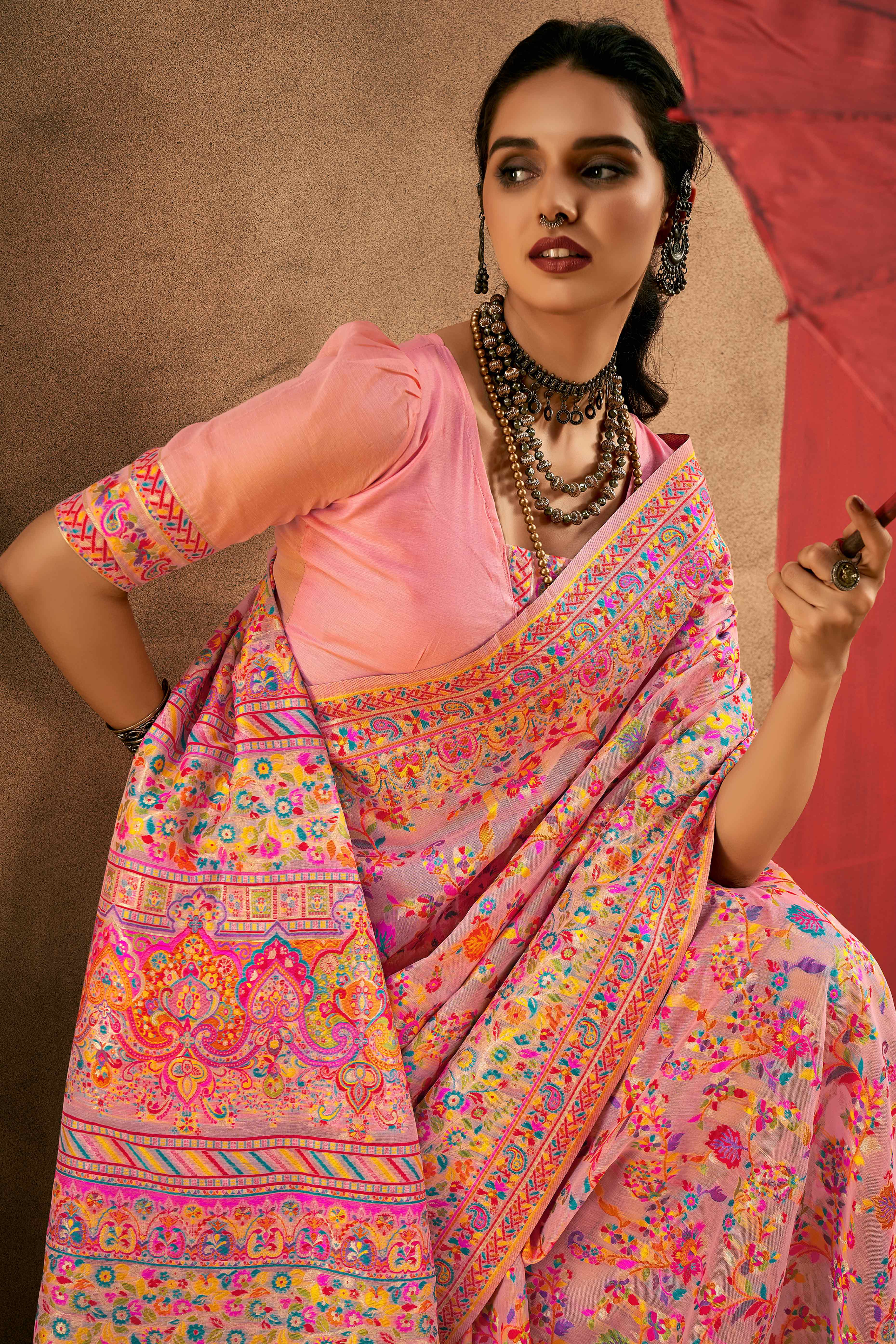 Graceful Pink Floral Weaving Pashmina Modal Cotton Blend Saree With Timeless Appeal