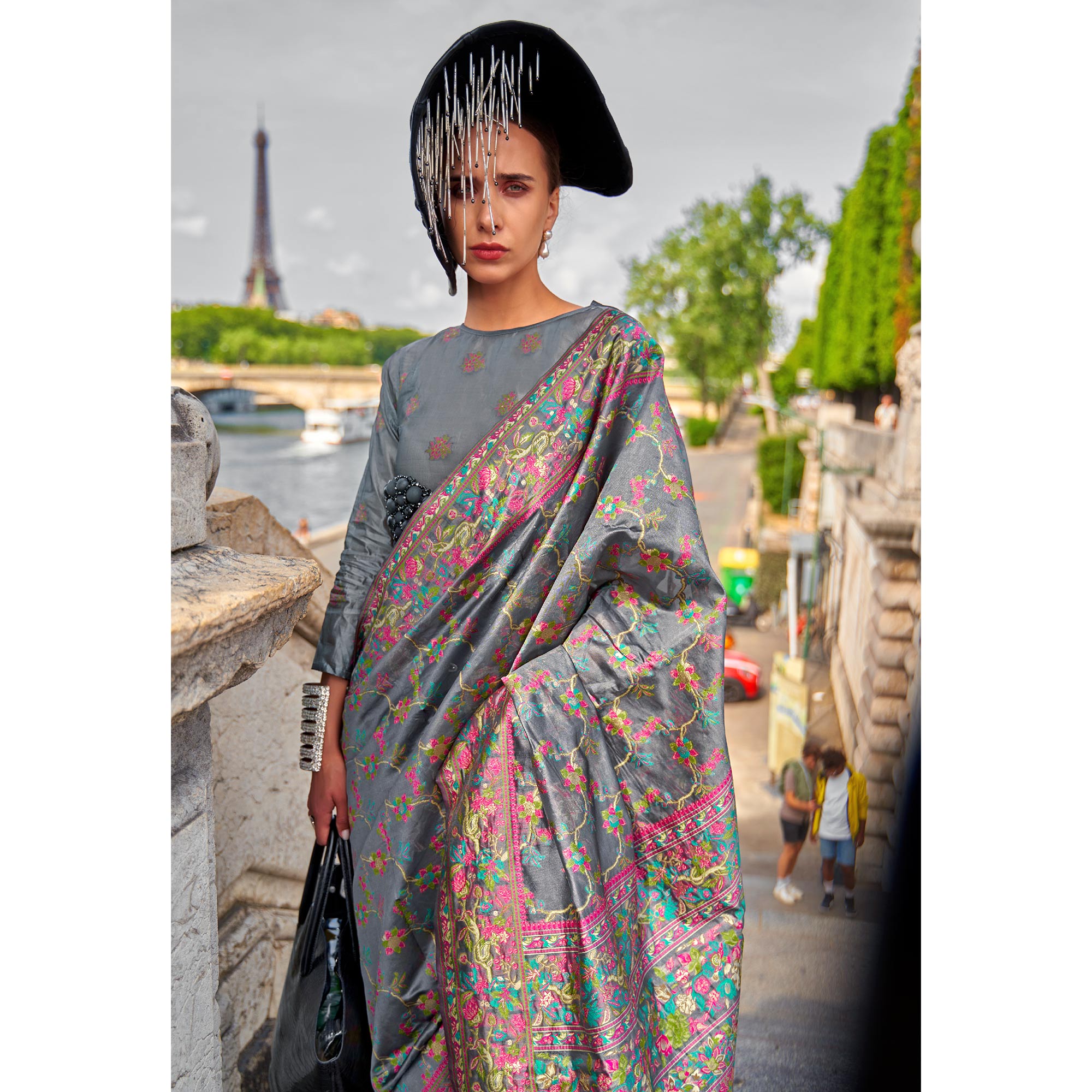 Grey Parsi Woven Organza Saree