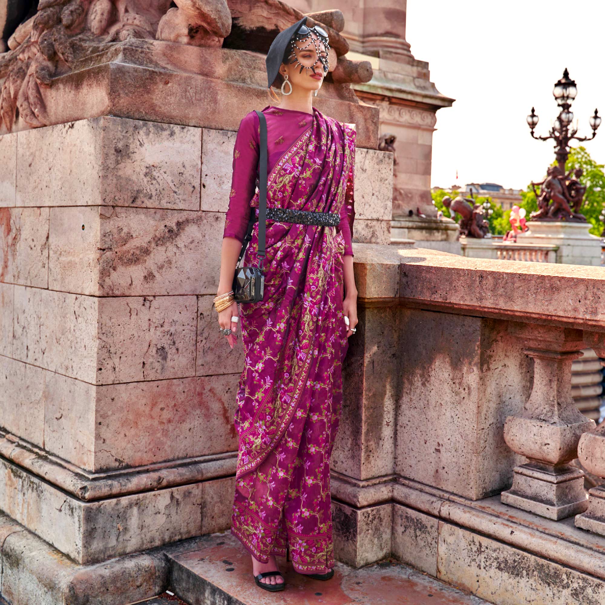 Magenta Parsi Woven Organza Saree