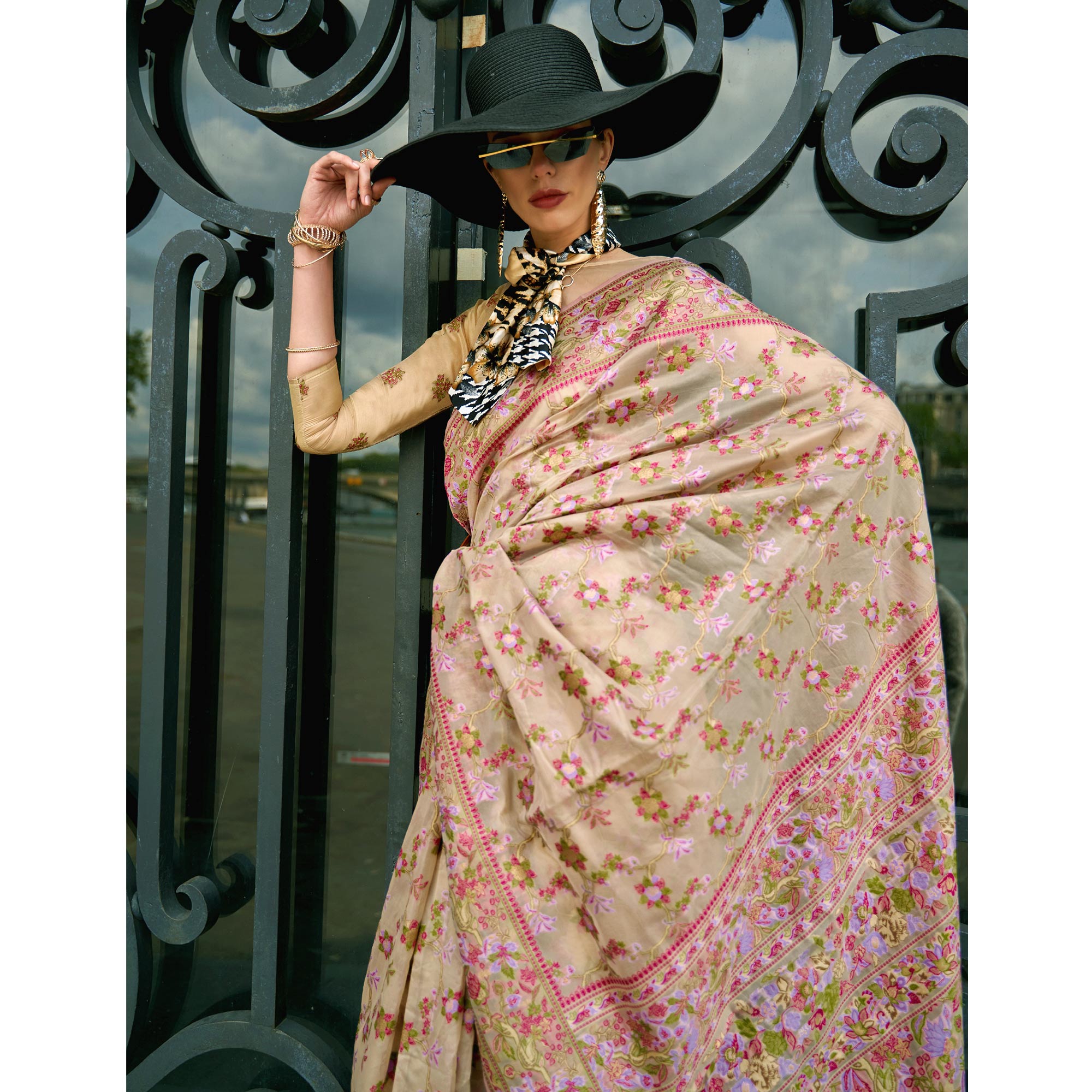 Beige Parsi Woven Organza Saree