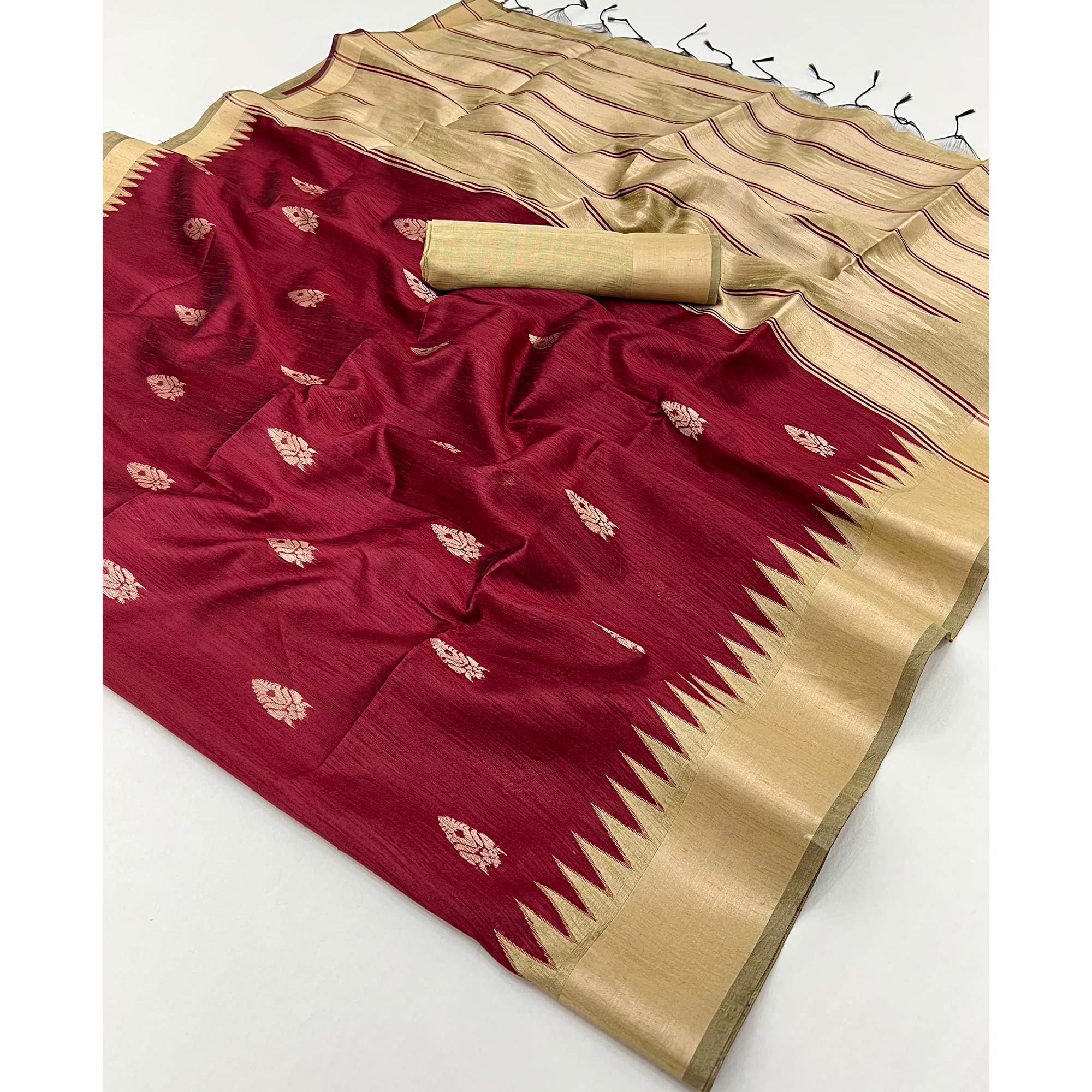 Traditional Bhagalpuri Silk Saree with Gadwal-Inspired Maroon Zari Weaving