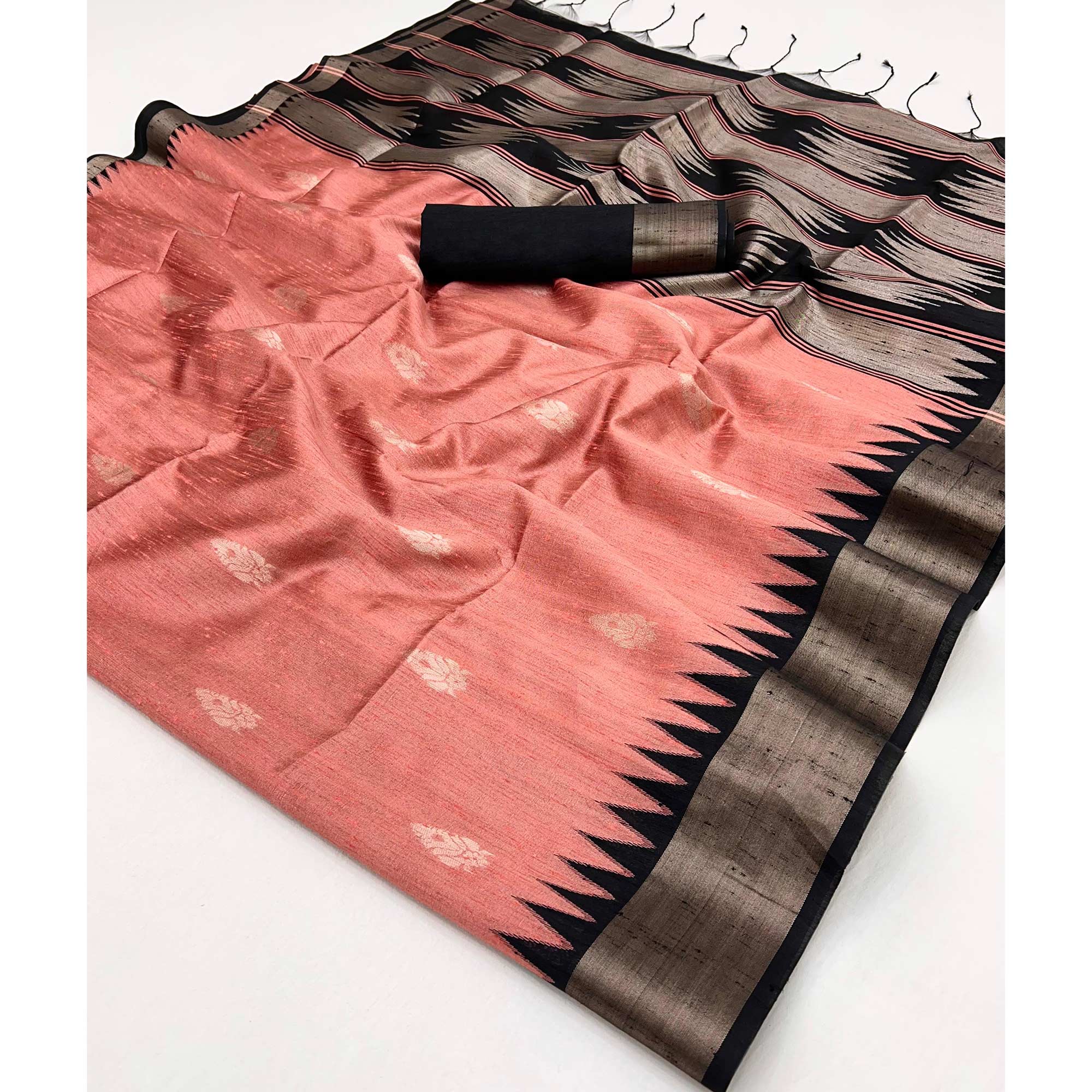 Traditional Bhagalpuri Silk Saree with Gadwal-Inspired Peach Zari Weaving