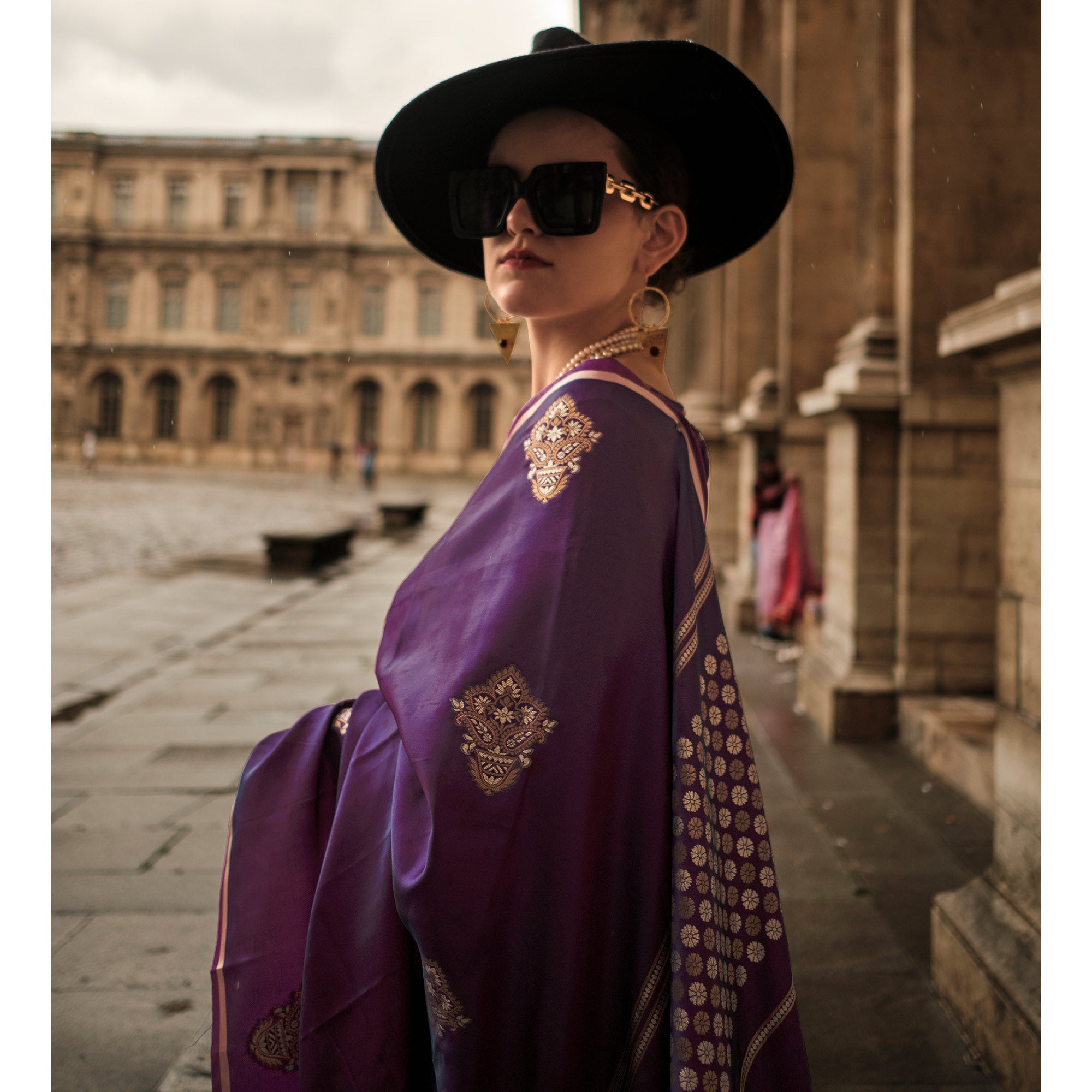 Purple Floral Woven Satin Saree With Tassels