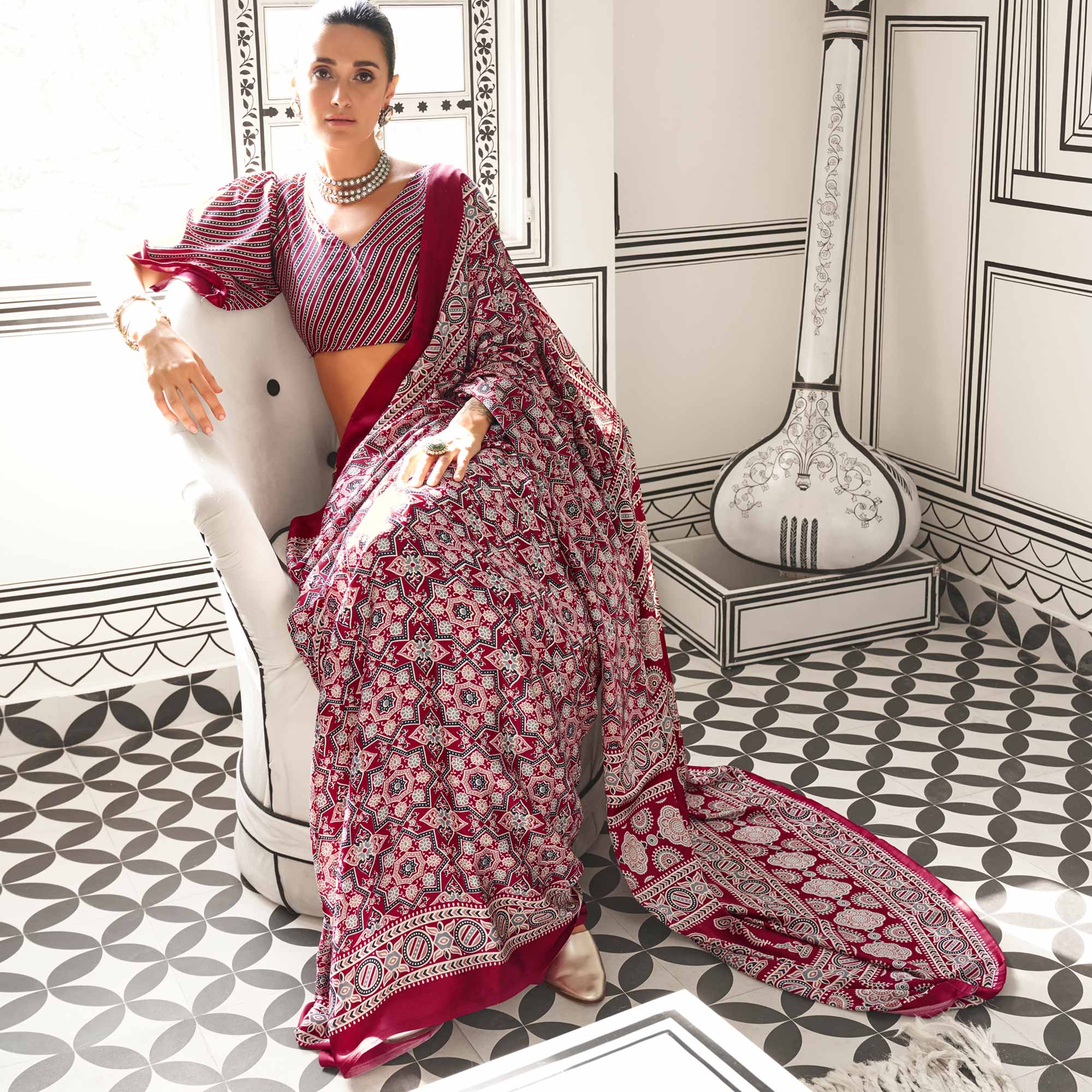 Maroon Printed Crepe Saree