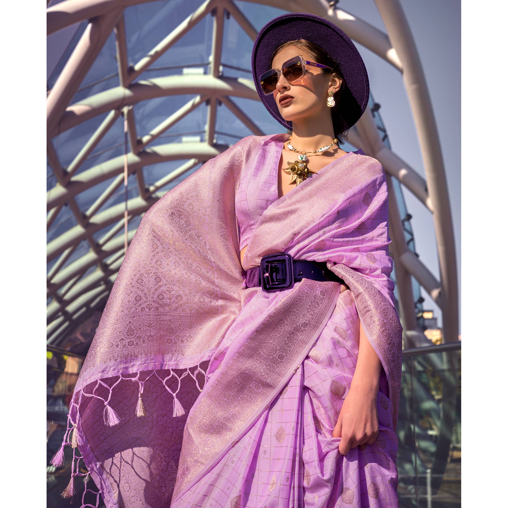 Pink Woven Art Silk Saree With Tassels
